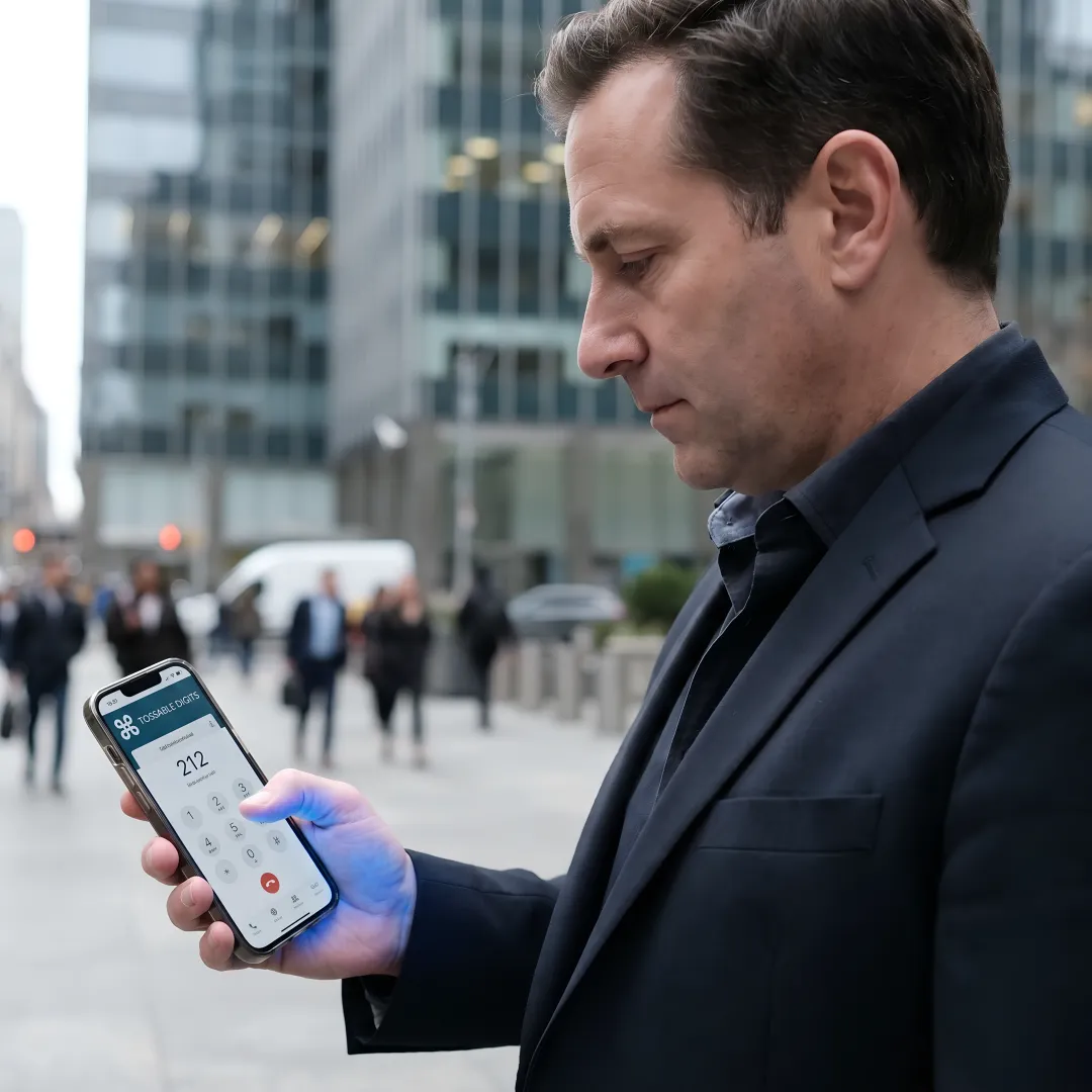 Business professional using smartphone with 212 vanity number displayed