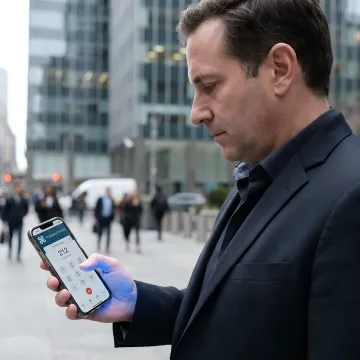 Business professional using smartphone with 212 vanity number displayed