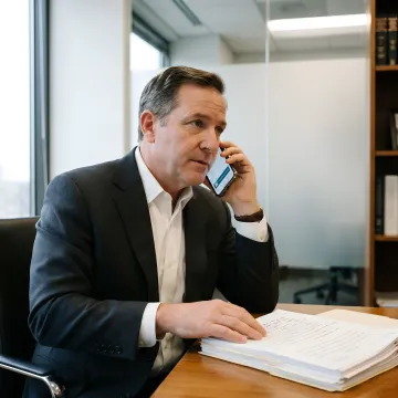 Legal professional reviewing case files while on phone call in modern law office