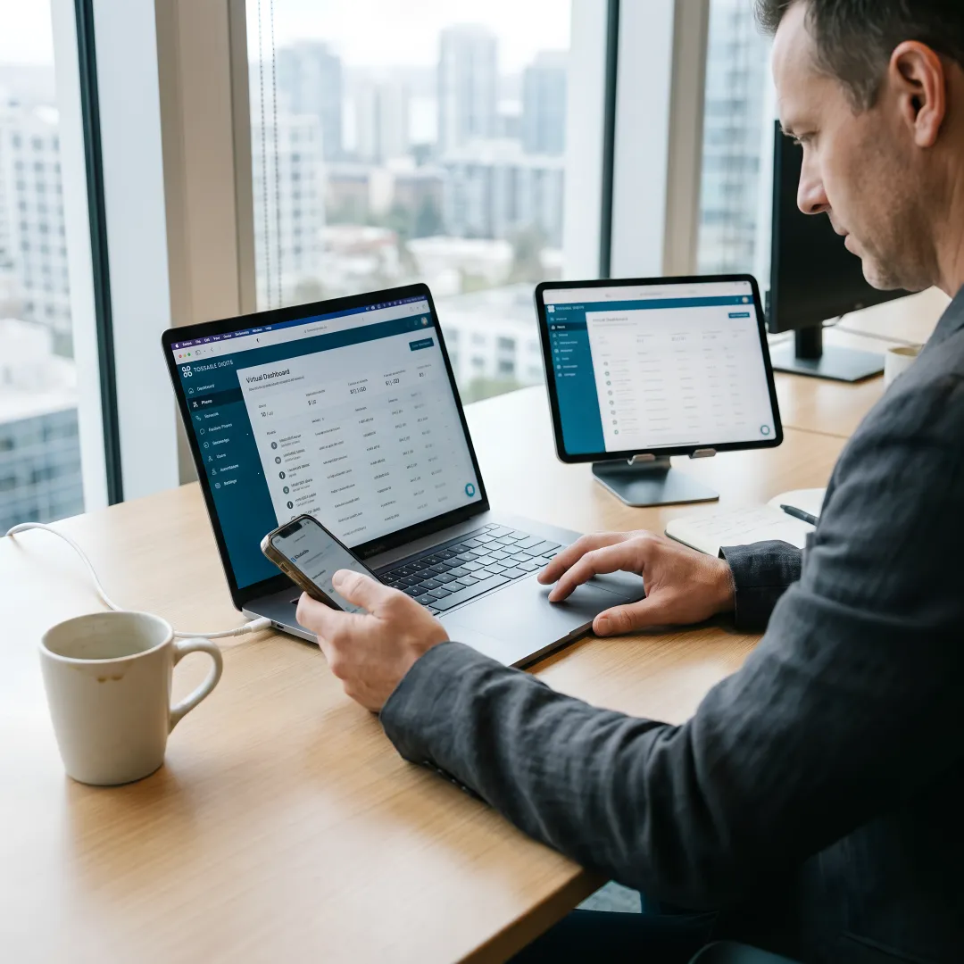 Business professional using California virtual phone number on multiple devices