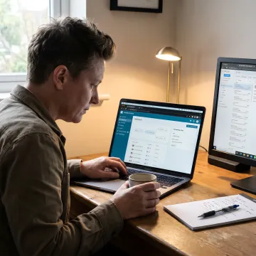 Canadian business professional reviewing call forwarding dashboard on laptop