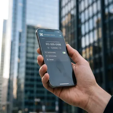 Modern Chicago business district with professional office buildings and local phone number display