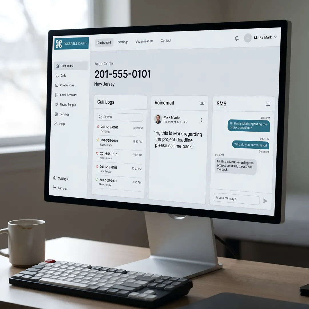 Virtual phone system dashboard showing 201 area code call management