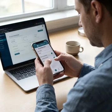 Business owner activating 203 area code vanity phone number on mobile device dashboard