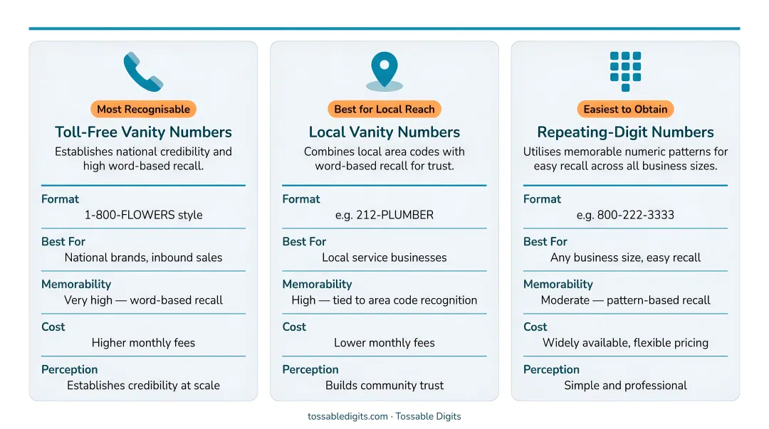 Three types of vanity phone numbers comparison infographic for small businesses