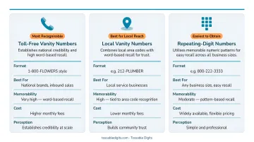 Three types of vanity phone numbers comparison infographic for small businesses
