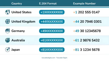 E.164 international phone number format guide for five countries with correct formatting examples