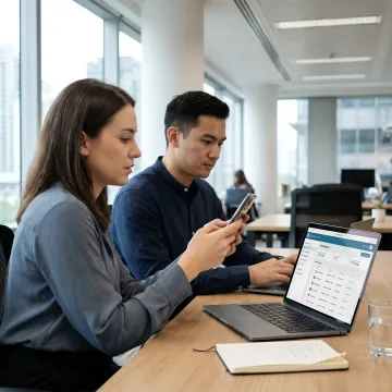 Business team collaborating with virtual phone system on multiple devices