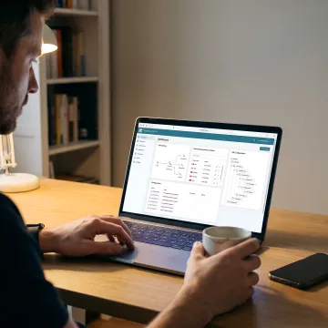 Business owner configuring cloud phone system settings on laptop