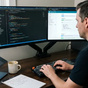 Developer coding SMS API integration on dual monitors