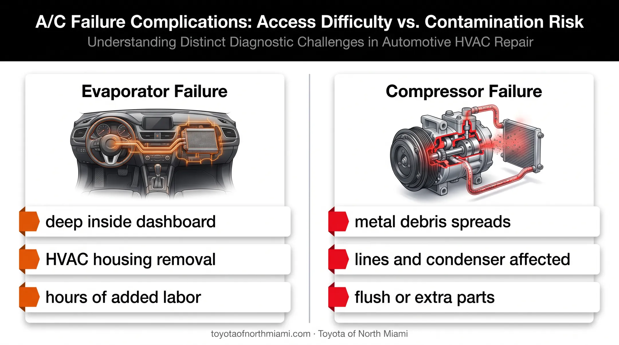 Evaporator and compressor failure repair complexity comparison