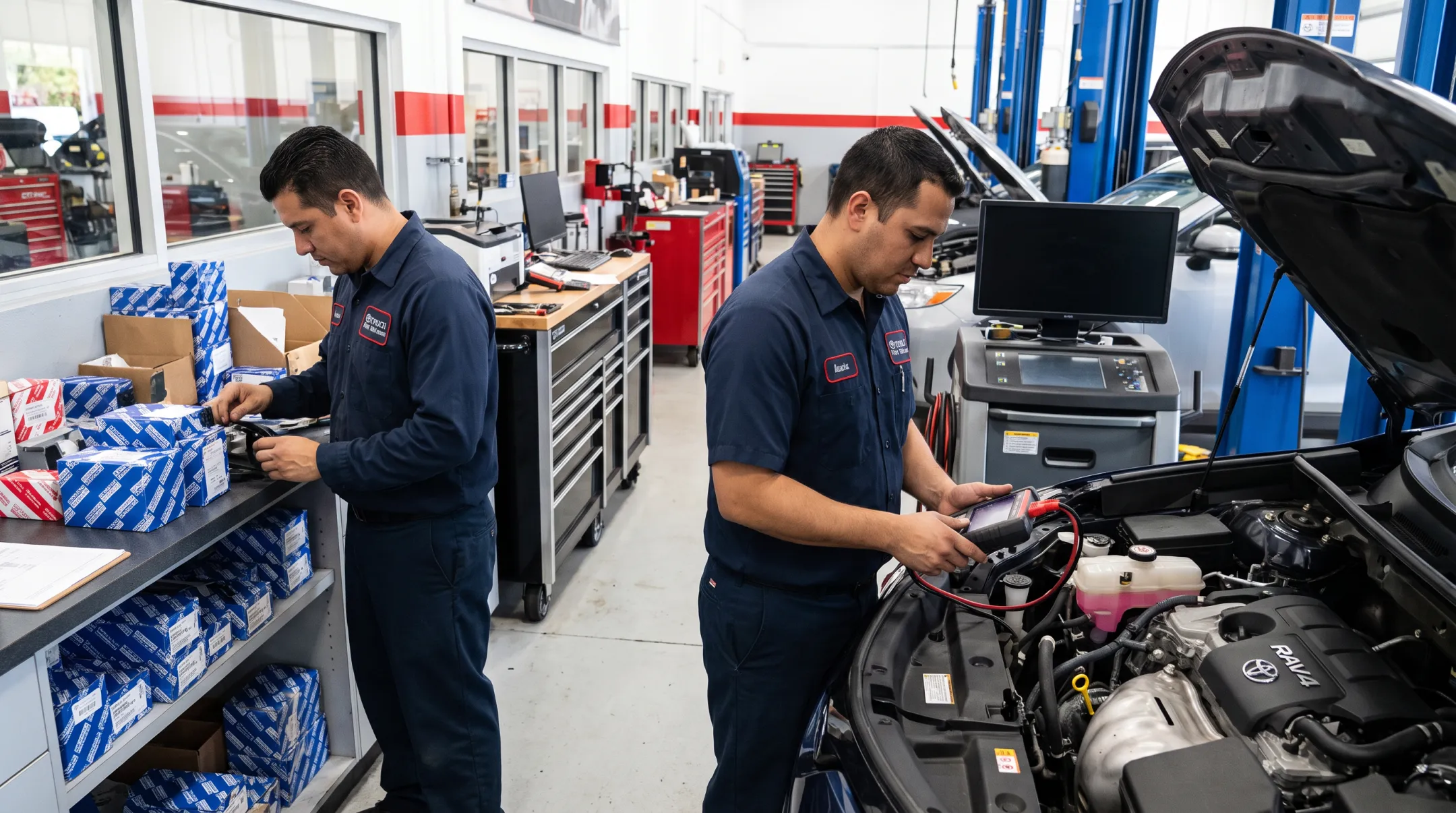 Toyota service technicians using diagnostic equipment in dealership workshop