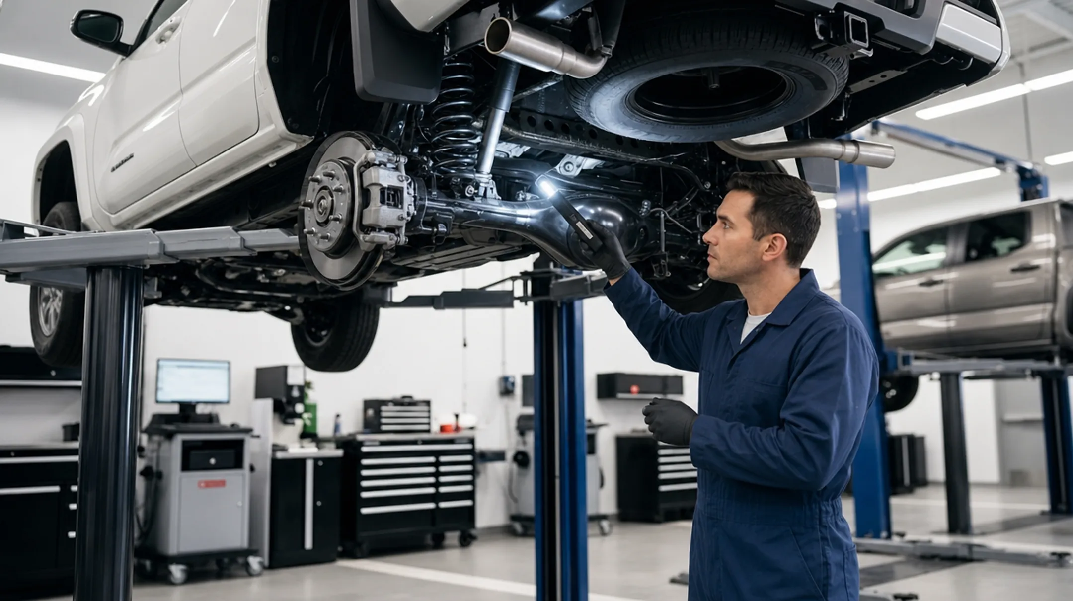Technician inspecting Toyota Tacoma brakes tires and suspension components