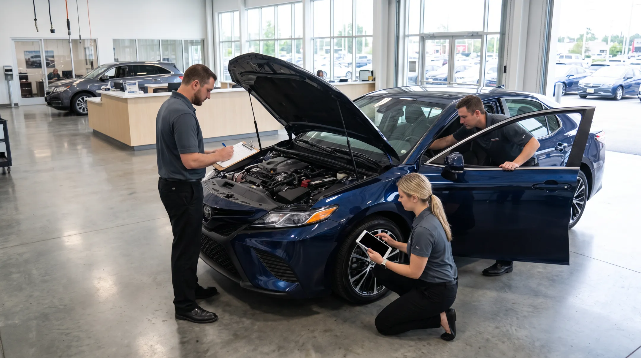 Dealership staff completing vehicle trade appraisal at Toyota dealership