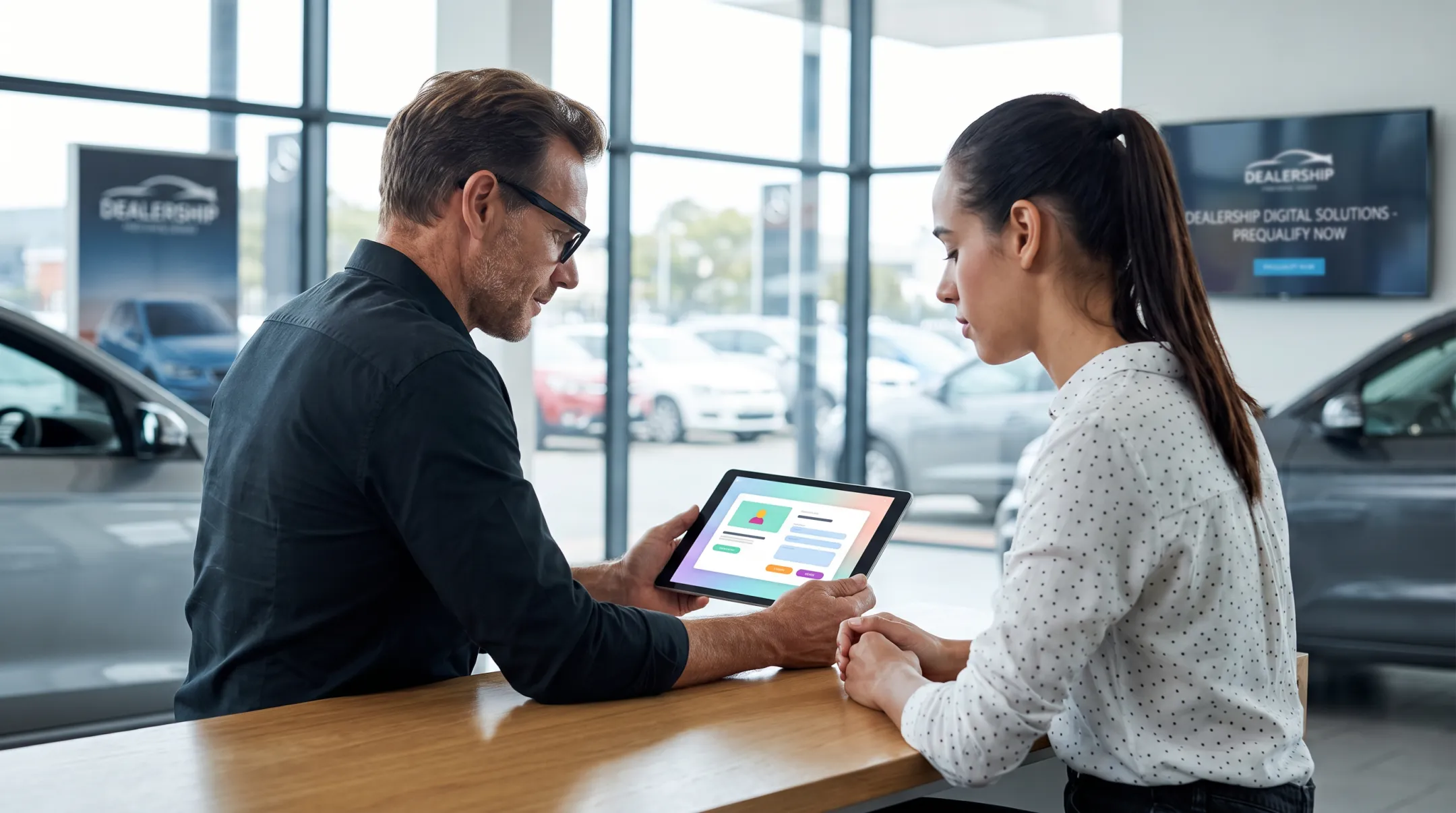 Dealership customer using online lease prequalification tool with staff assistance