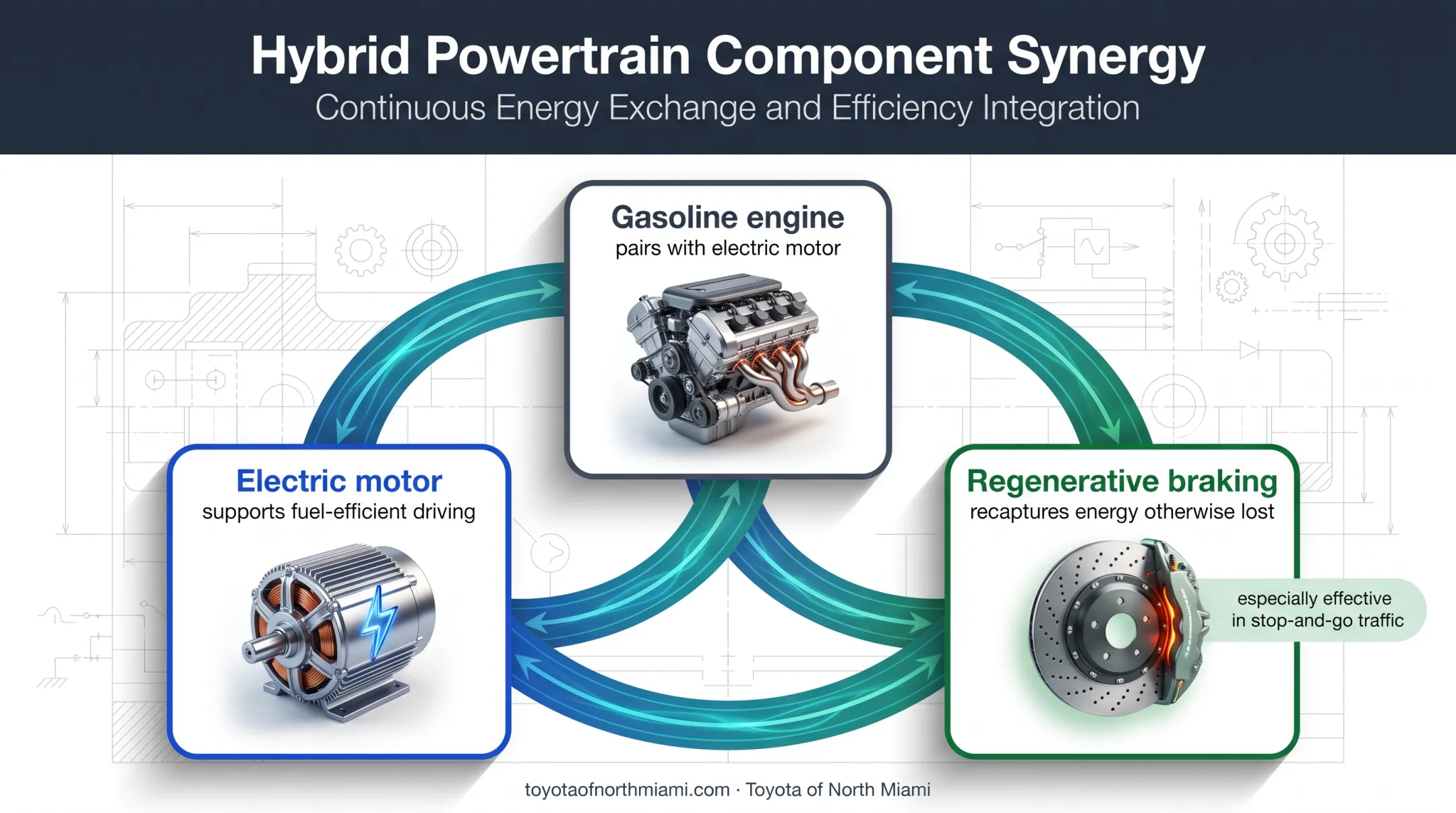 Toyota hybrid system showing gasoline engine electric motor regenerative braking