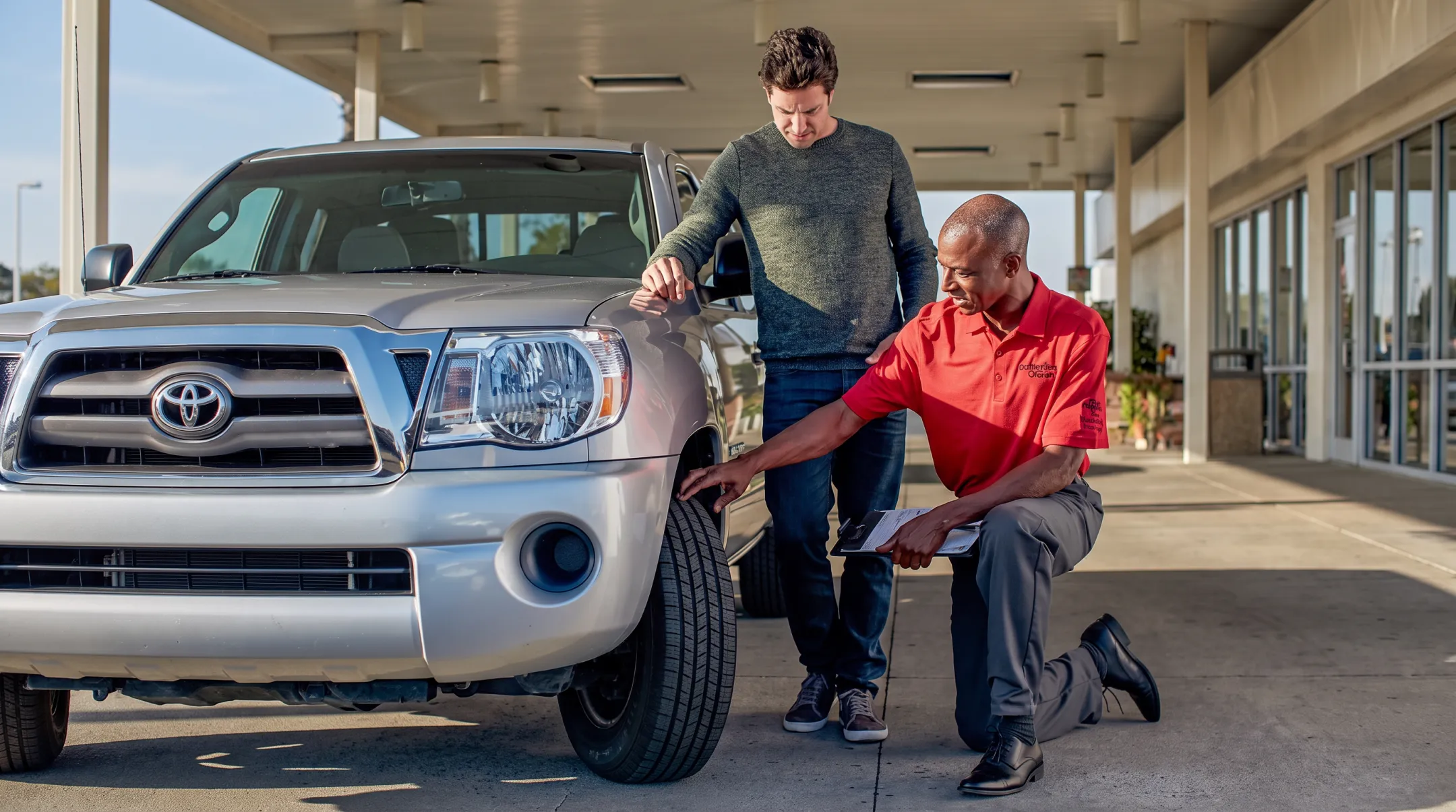 Toyota dealership staff helping customer compare Tacoma trims and financing