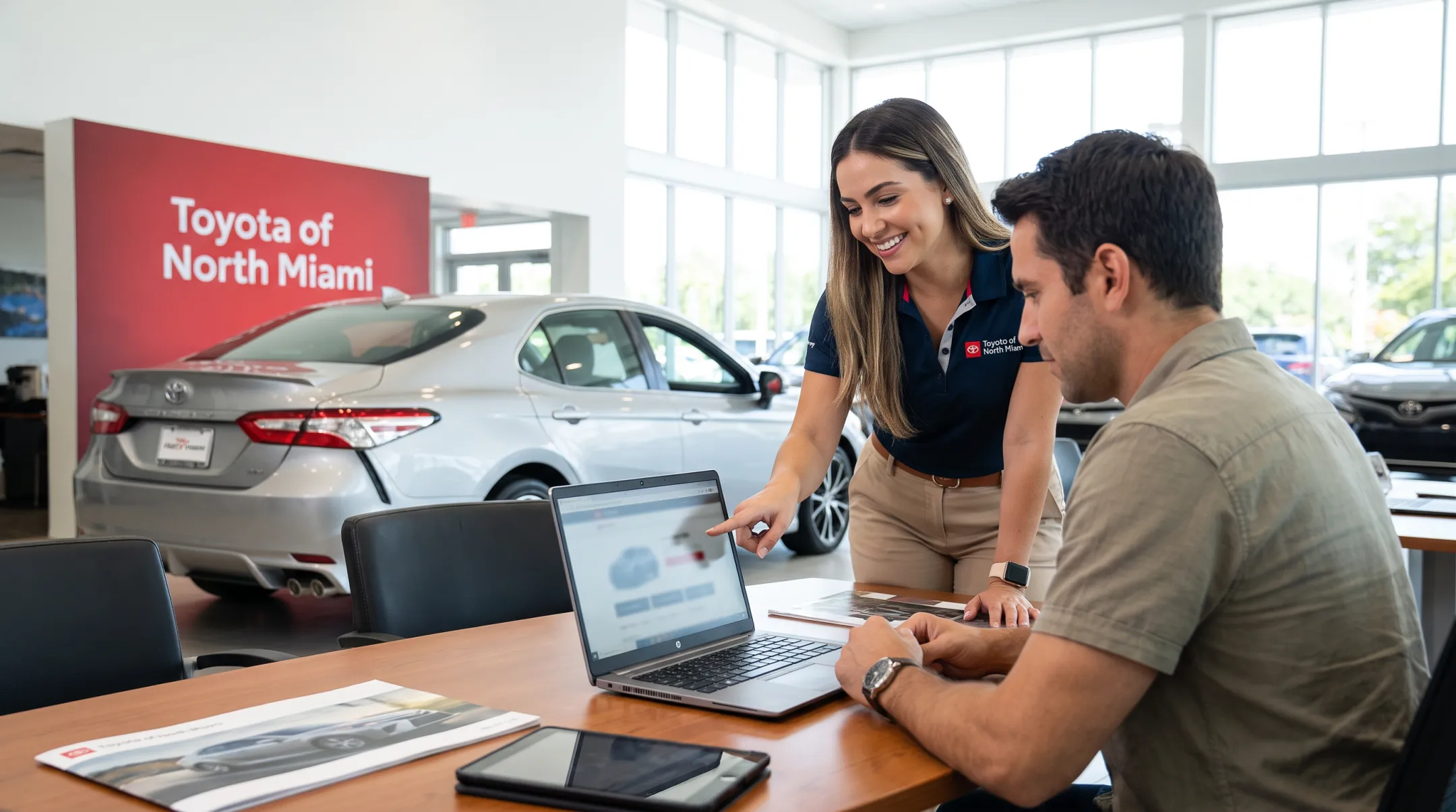 Toyota dealership staff assisting customer with online trade-in tools