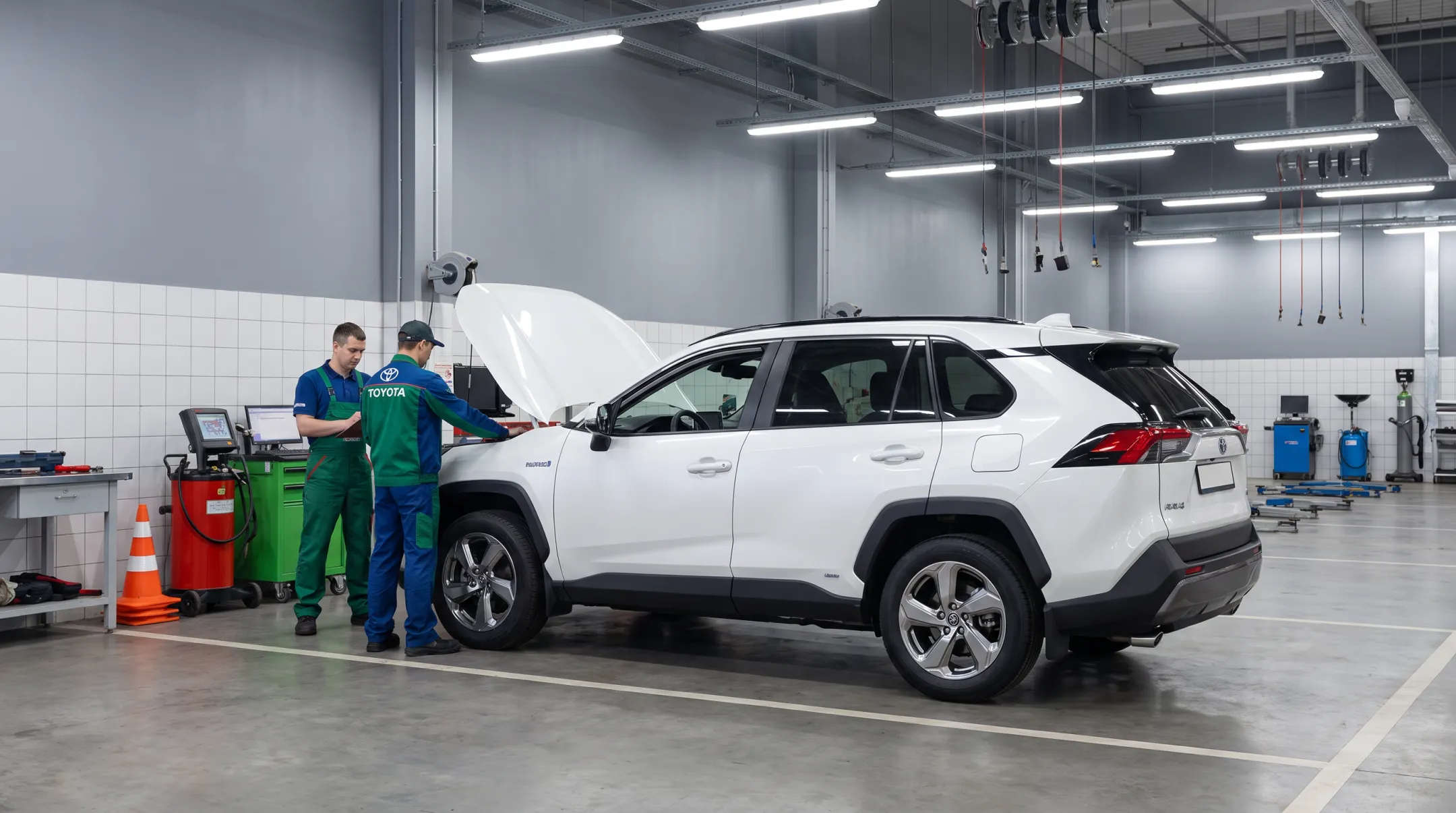 Toyota service technicians inspecting RAV4 Hybrid battery system