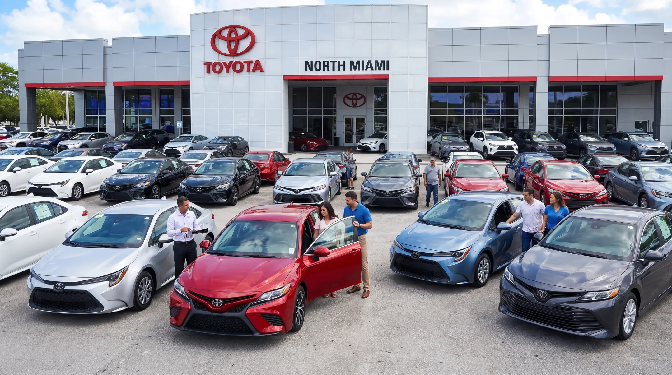 Toyota dealership showroom with Camry Prius Corolla vehicles available for test drives