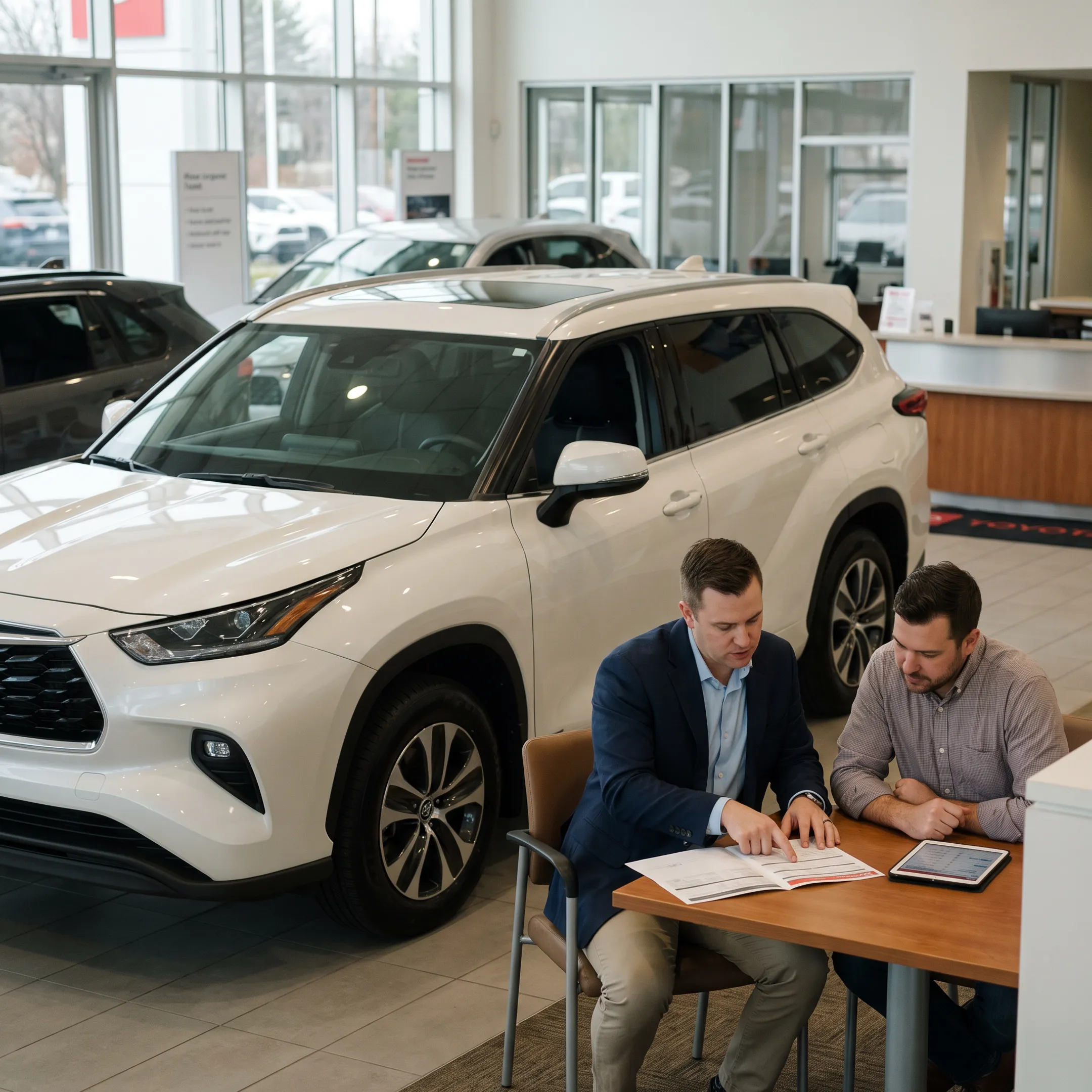 Toyota Highlander lease consultation at a Toyota dealership