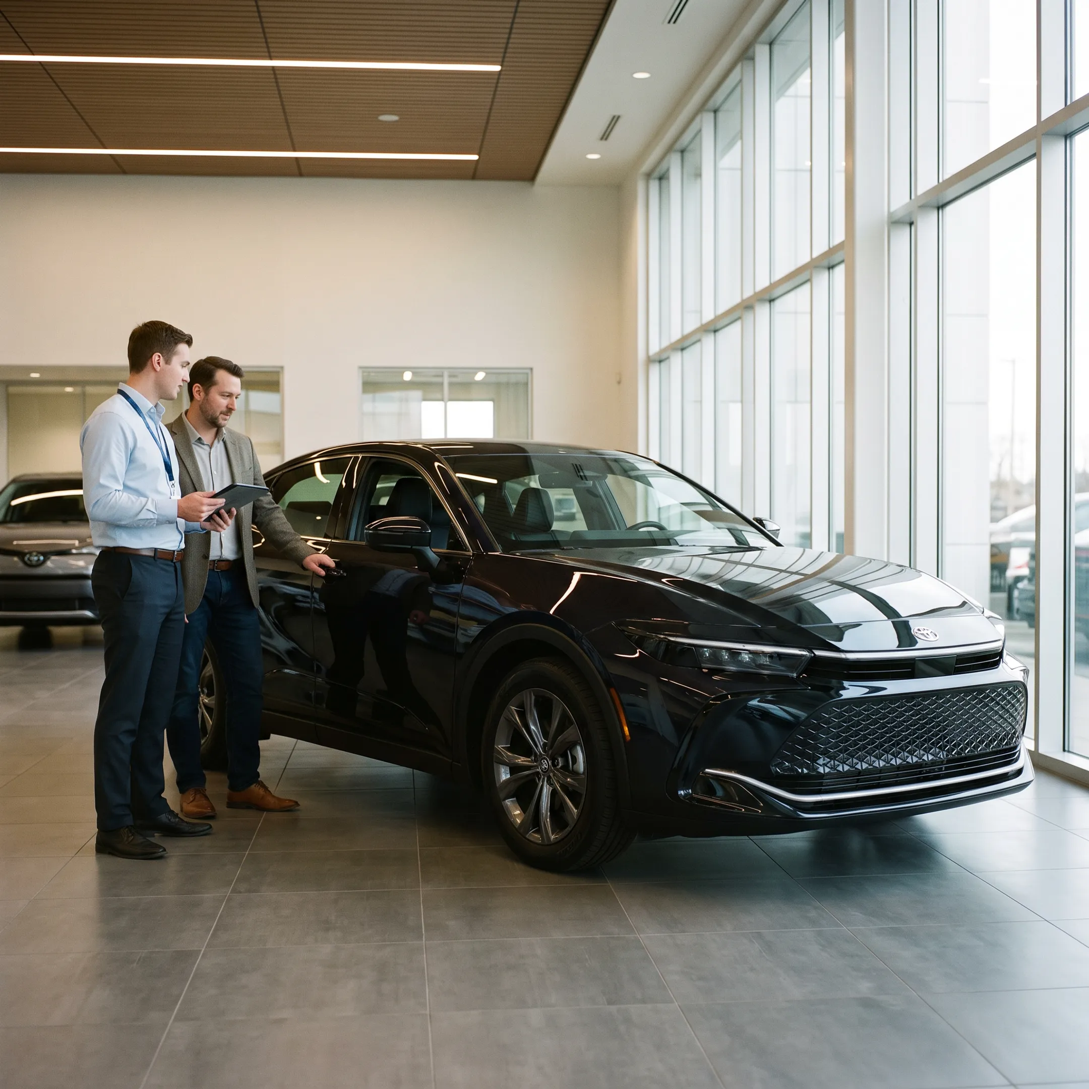 Customer reviewing a new Toyota Crown with a dealership consultant