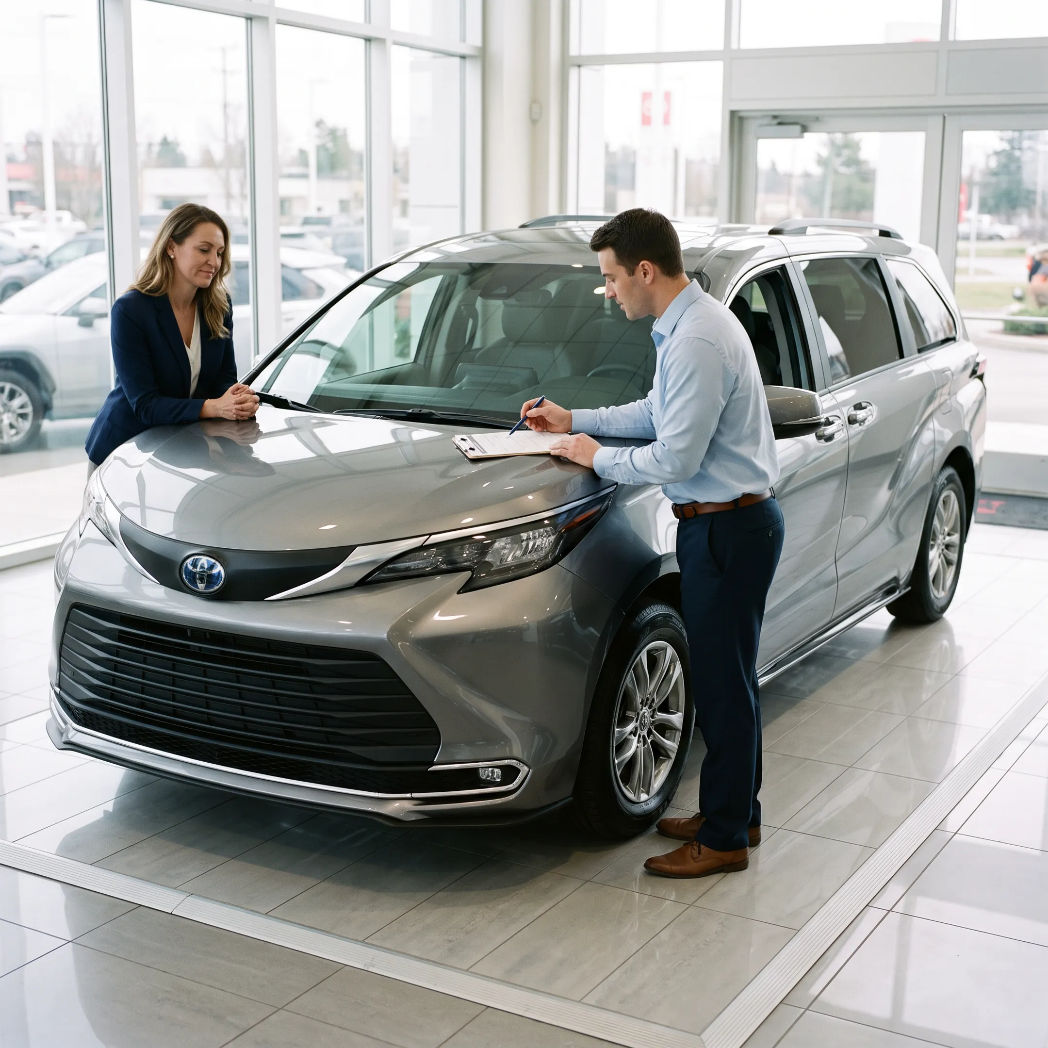 Customer discussing Toyota Sienna lease options with dealership consultant