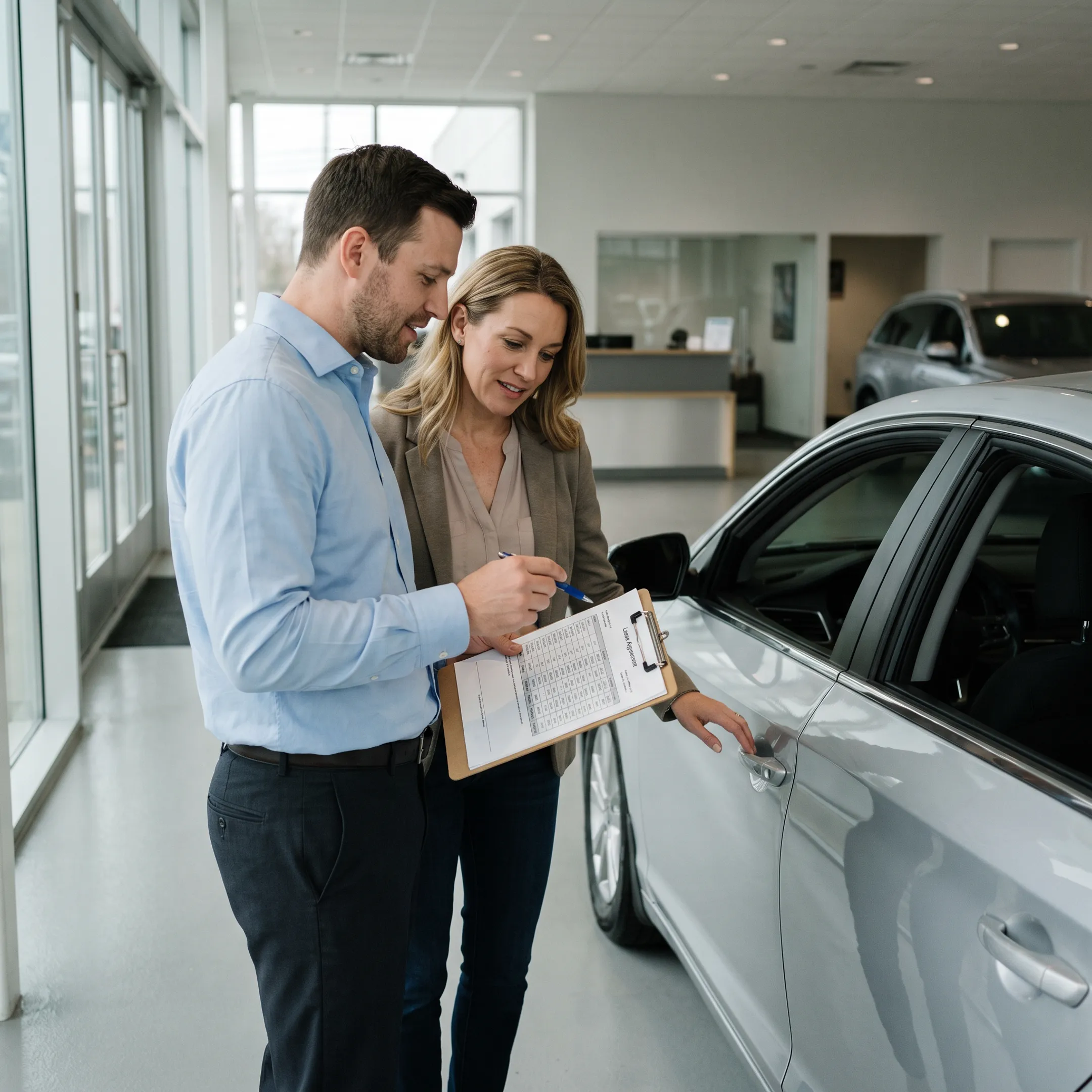 Sales consultant explaining Toyota lease options beside a new vehicle