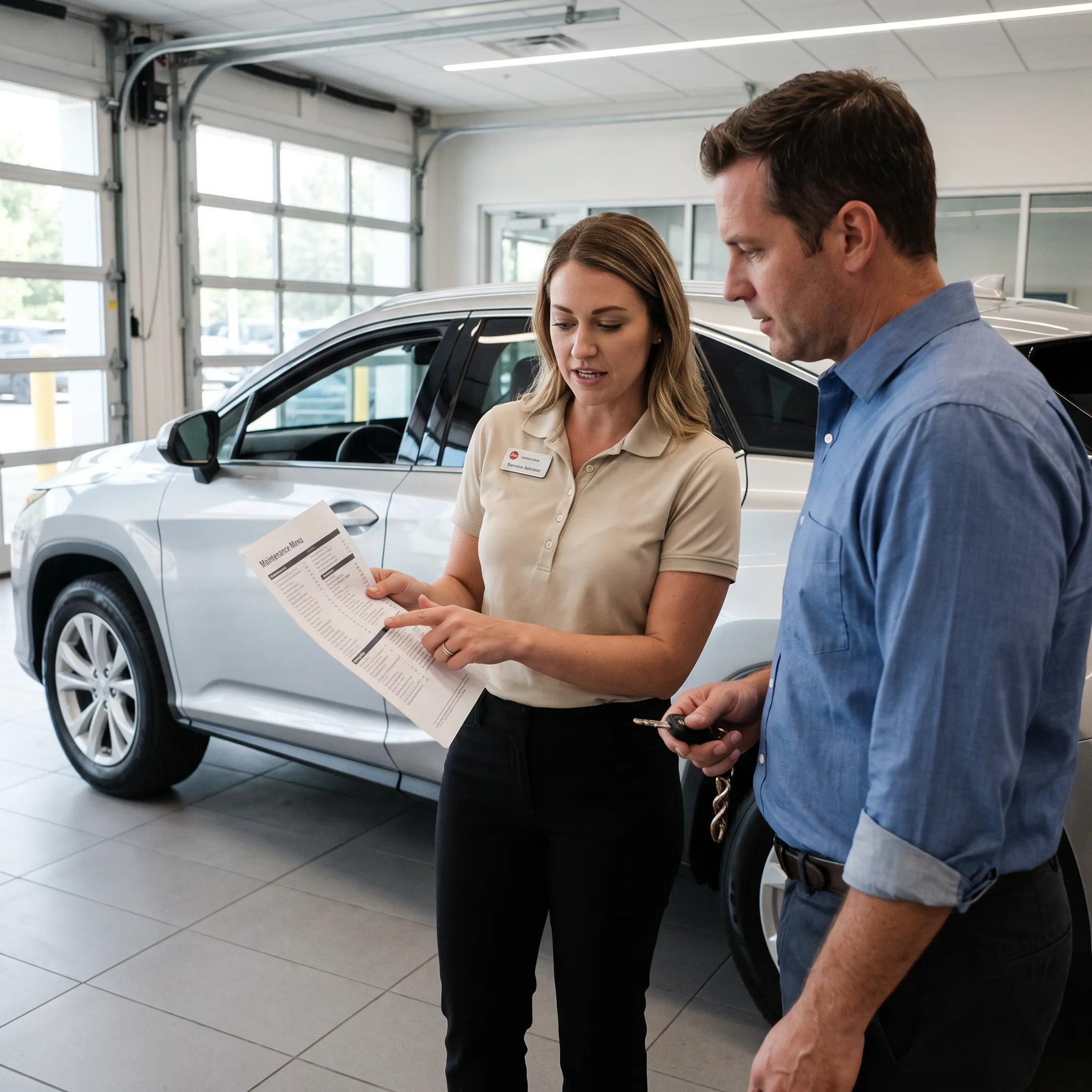 Toyota service advisor reviewing maintenance offers with a customer