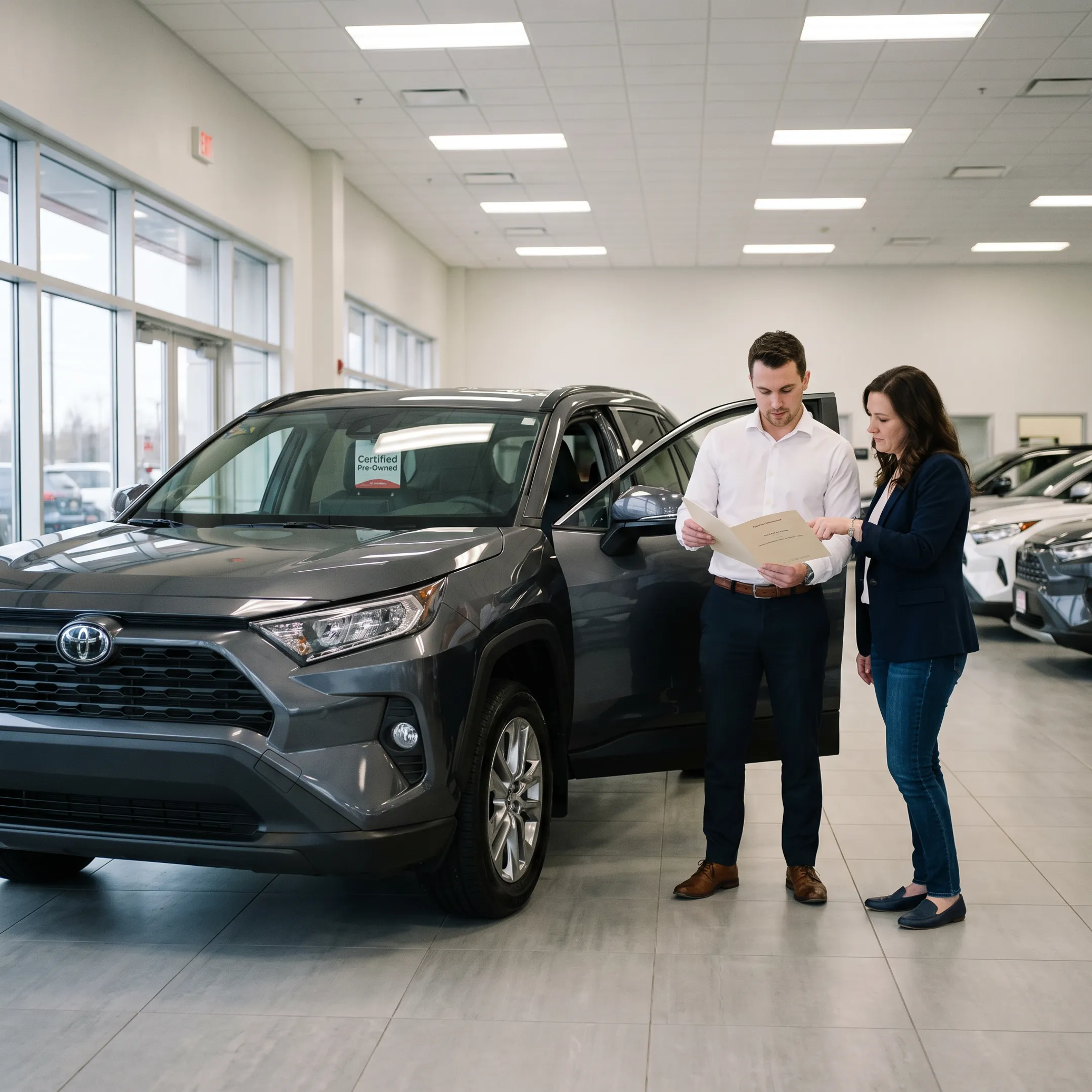 Customer reviewing a certified pre-owned Toyota lease with a dealership consultant