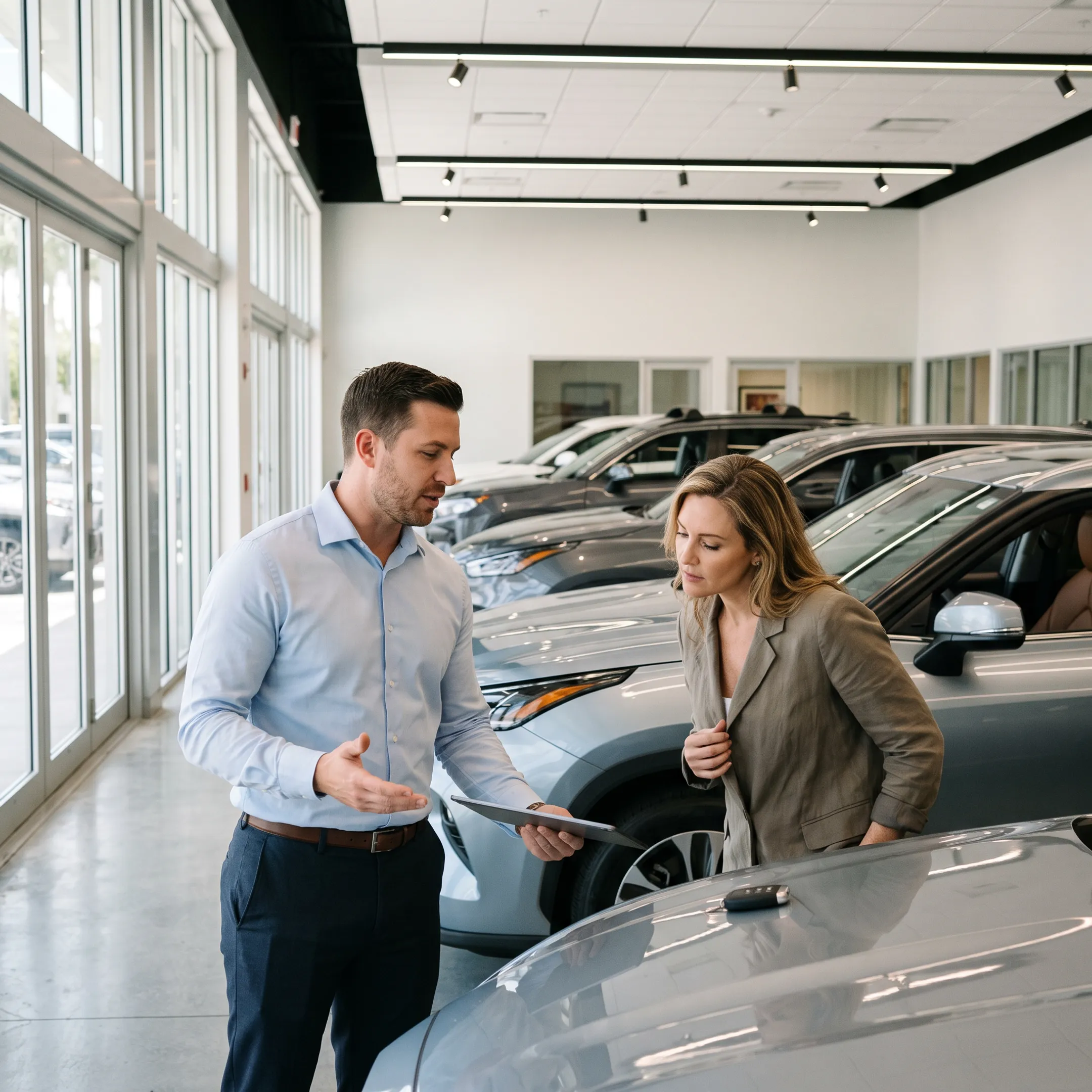 Customer comparing Toyota models with a dealership representative