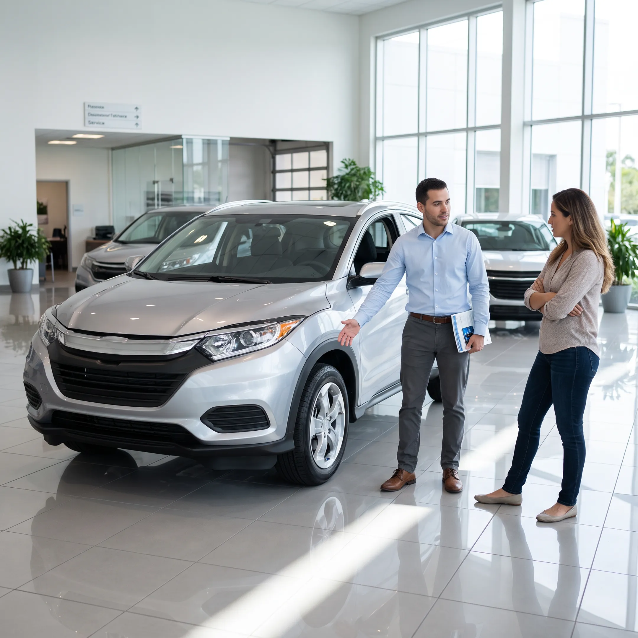 Customer reviewing Toyota vehicle options with dealership representative