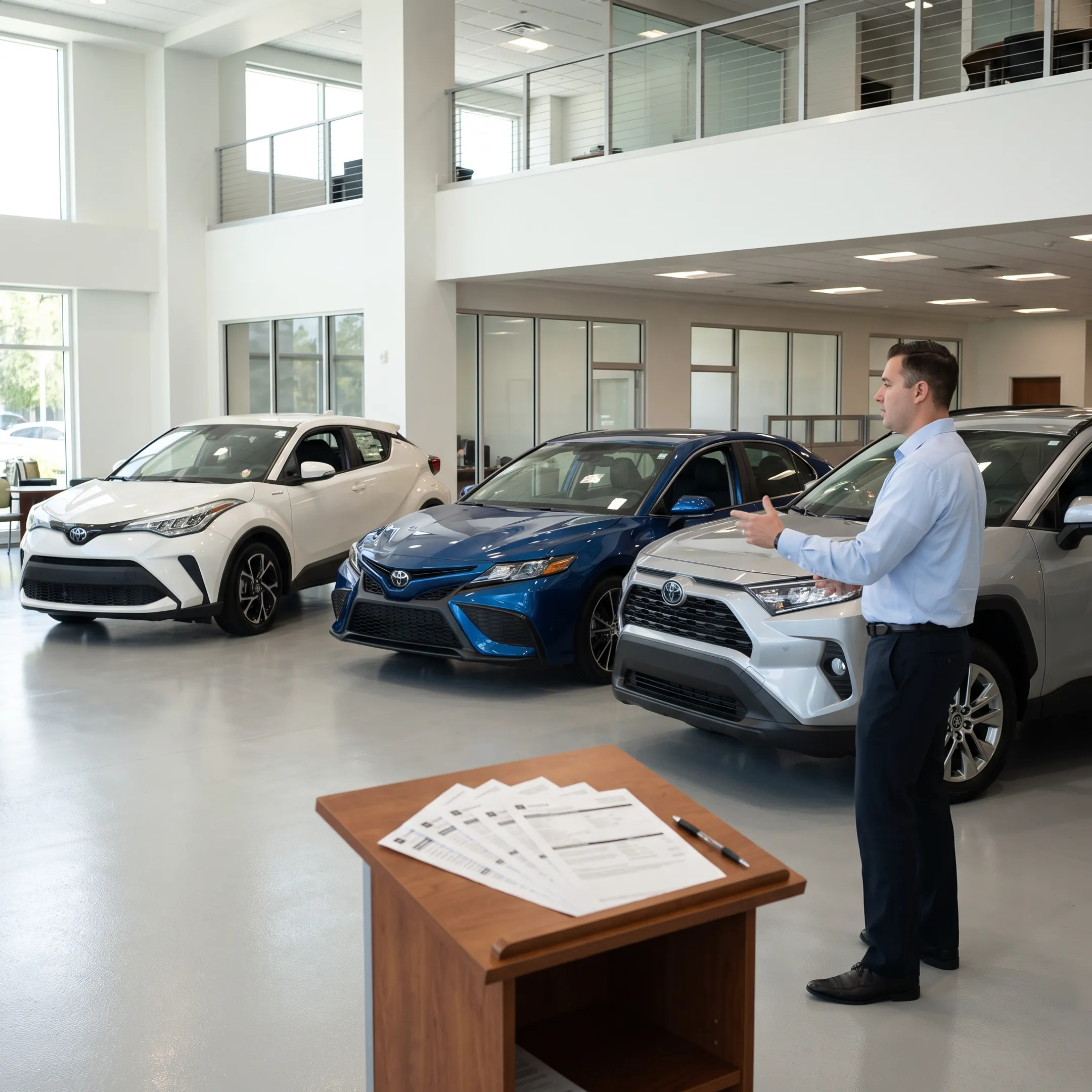 New Toyota vehicles displayed beside lease paperwork at Florida dealership