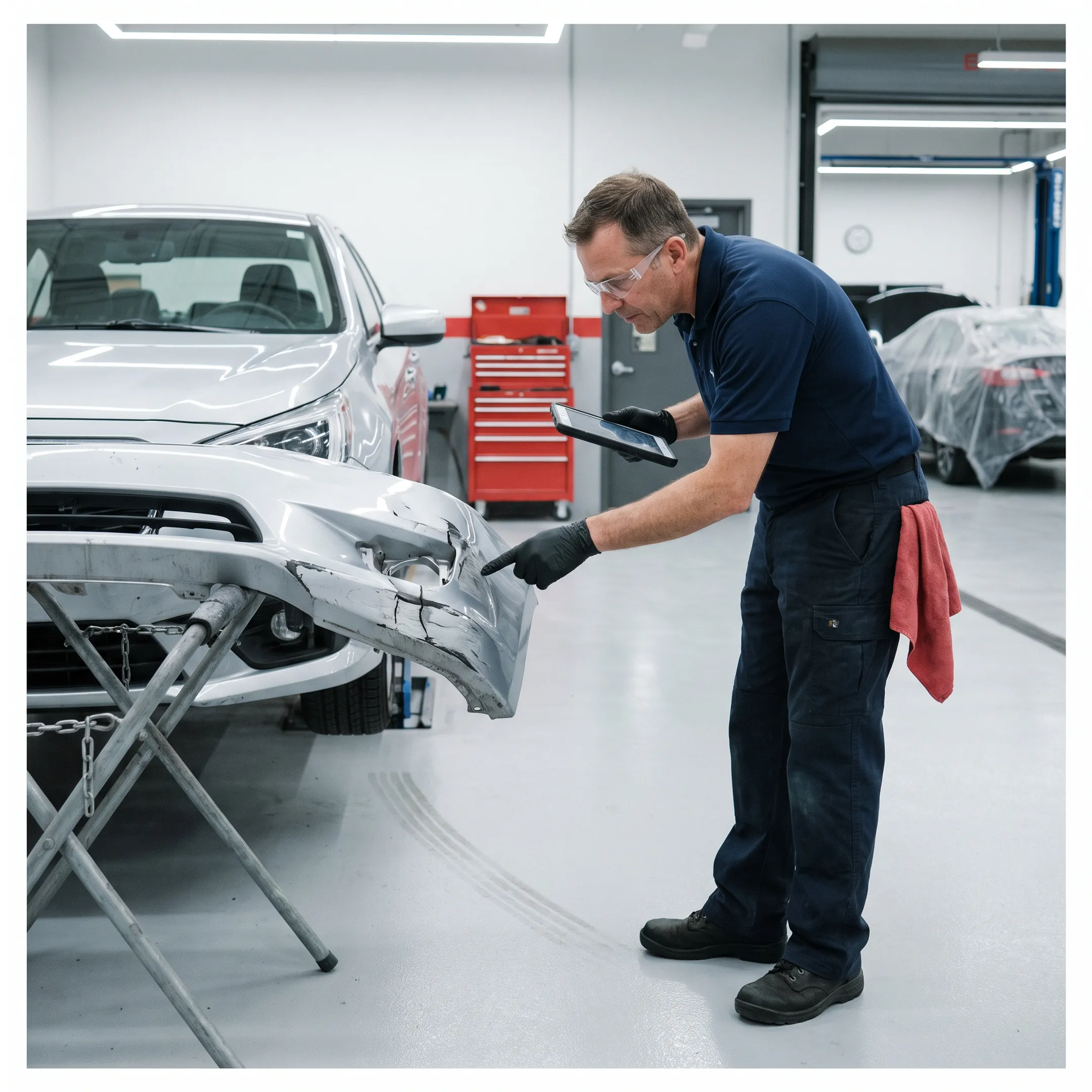 Technician examining damaged Toyota bumper during collision repair estimate