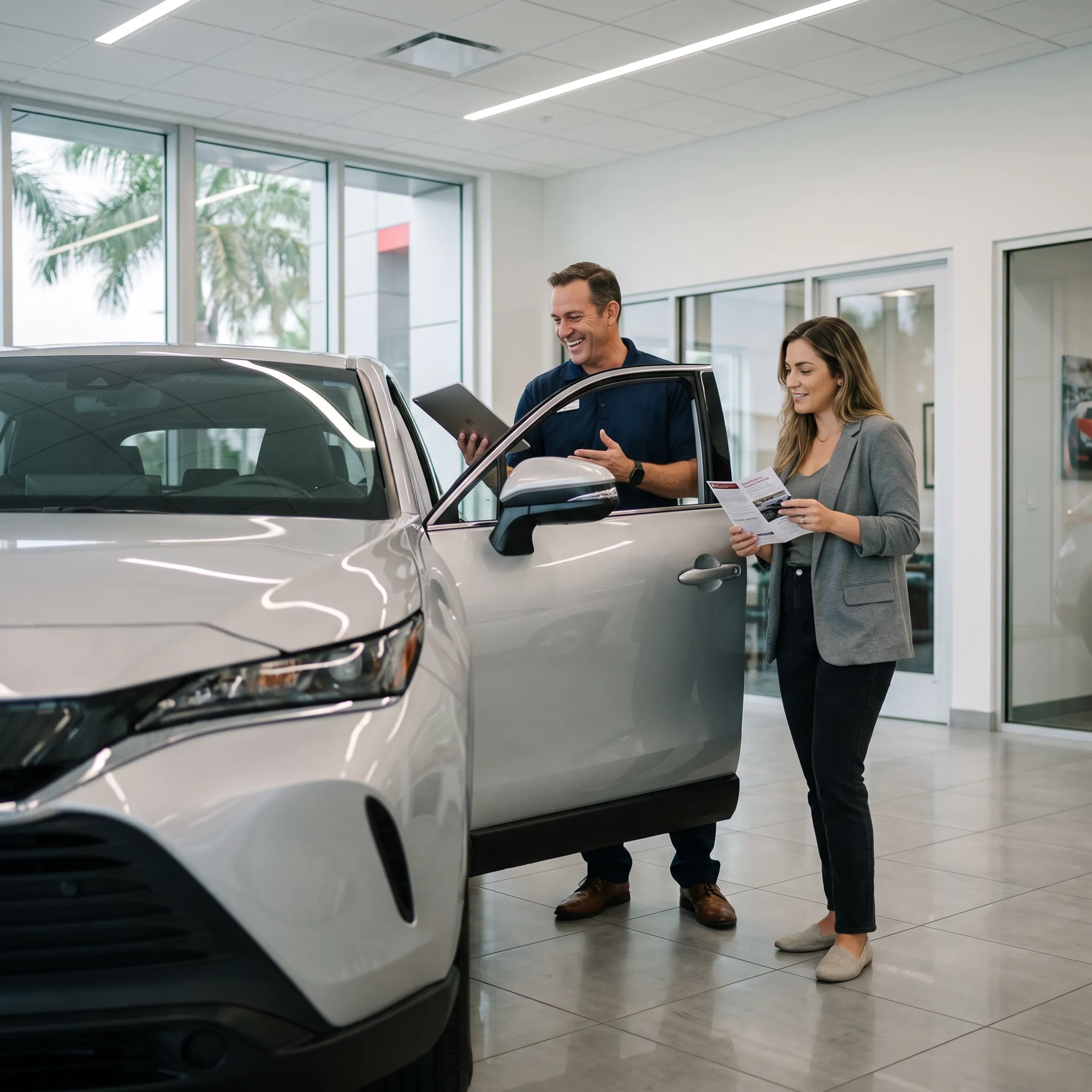 Customer and Toyota advisor discussing vehicle warranty coverage beside a new Toyota
