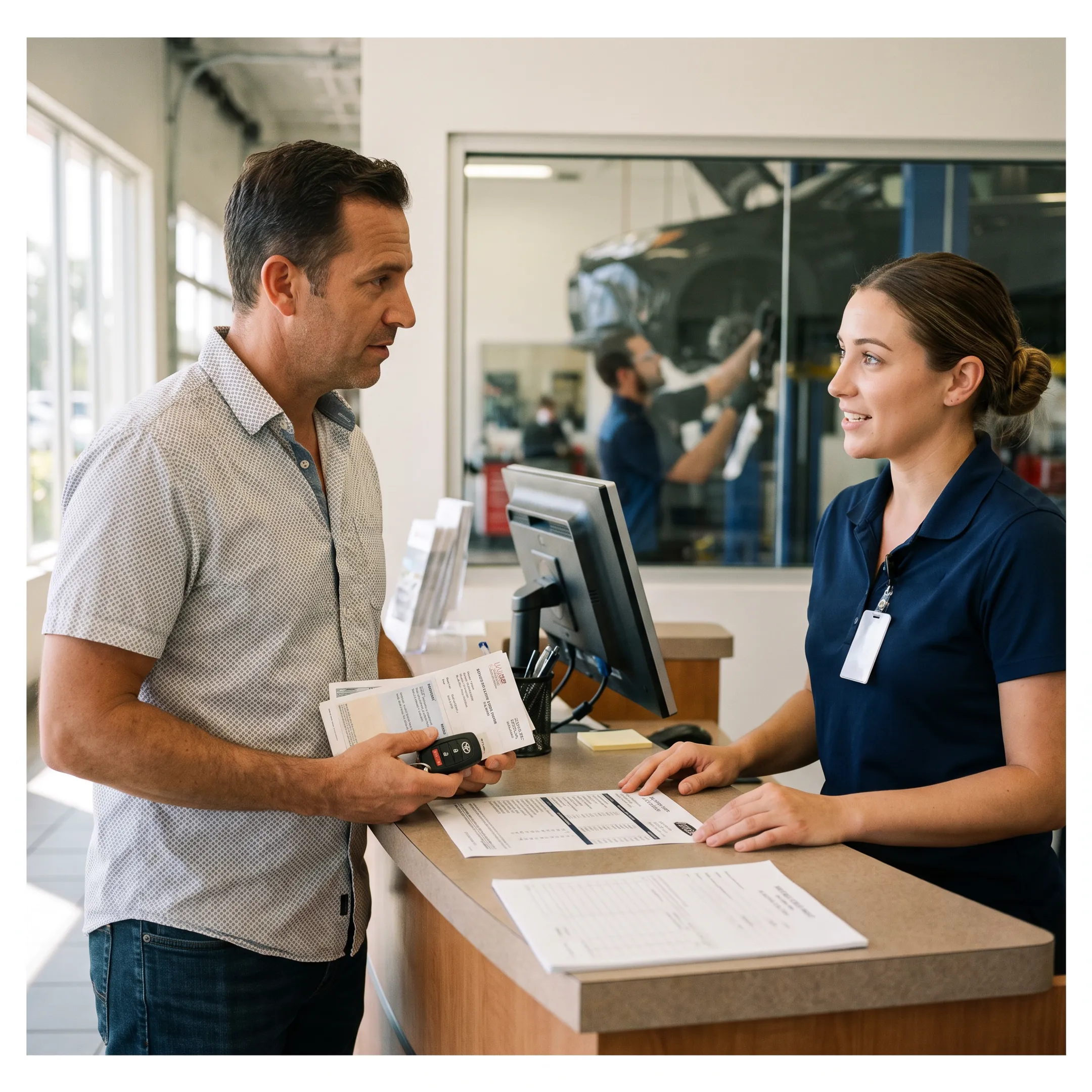 Toyota owner discussing a replacement key with dealership staff