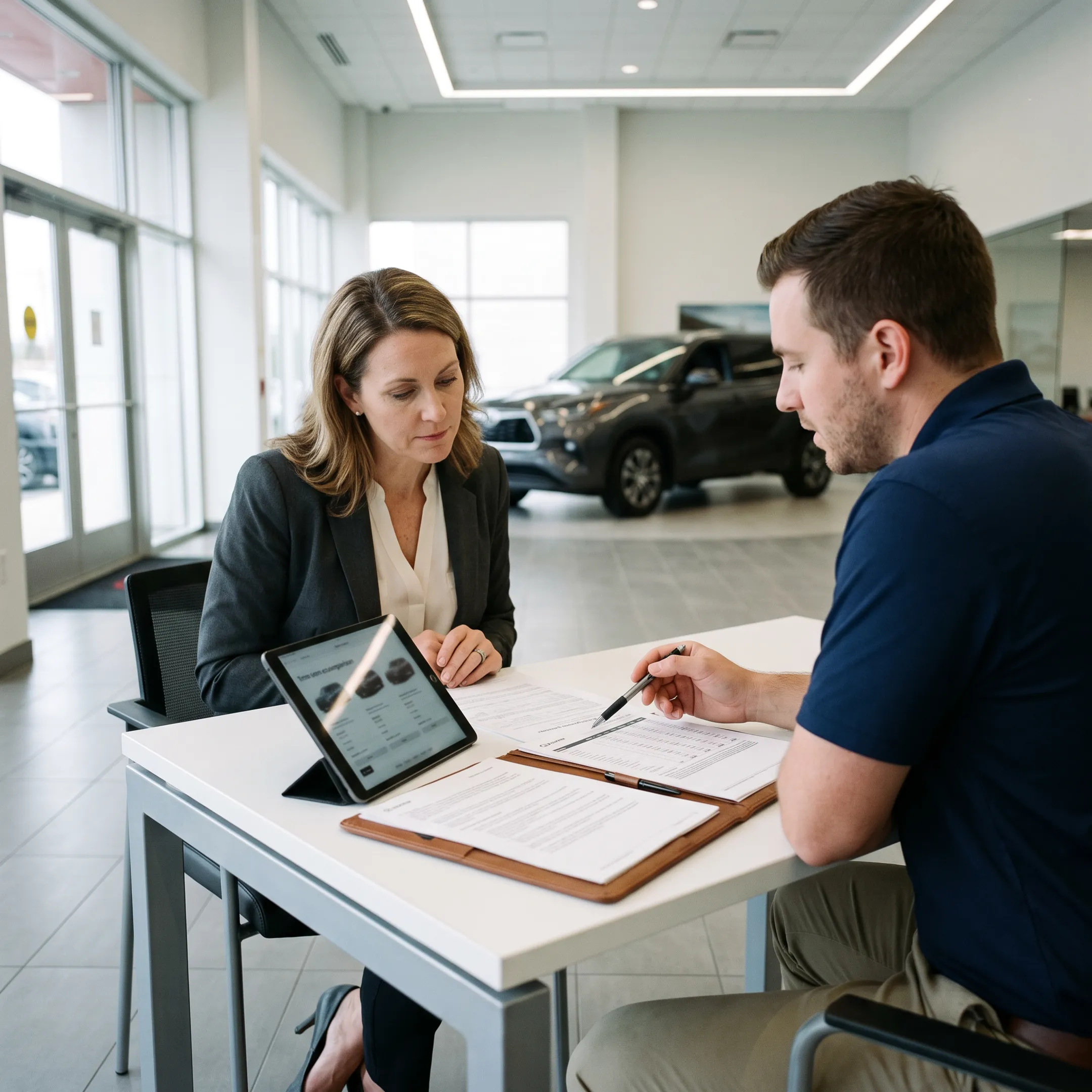 Customer reviewing Toyota lease options with dealership representative