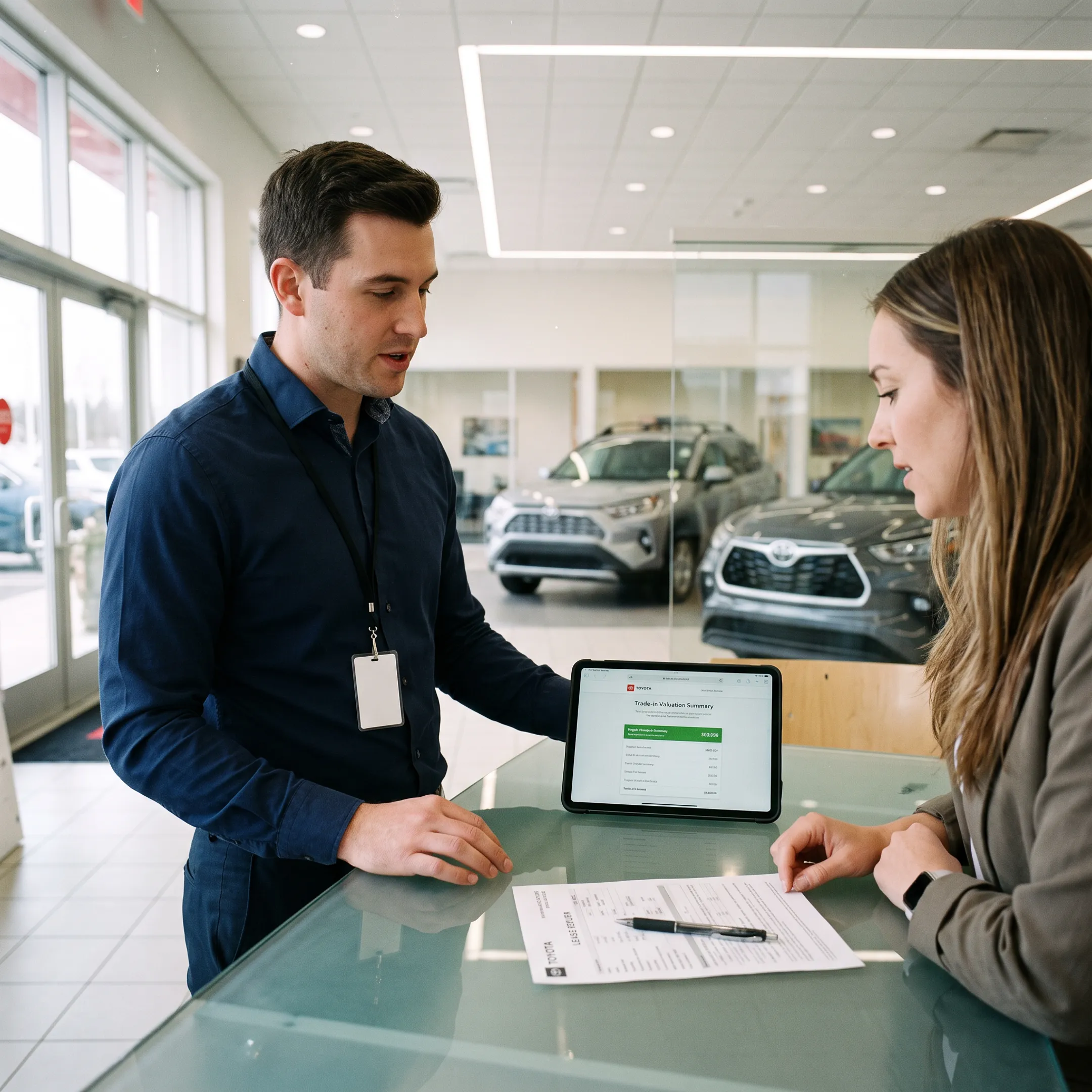 Toyota customer discussing lease transition choices with dealership team