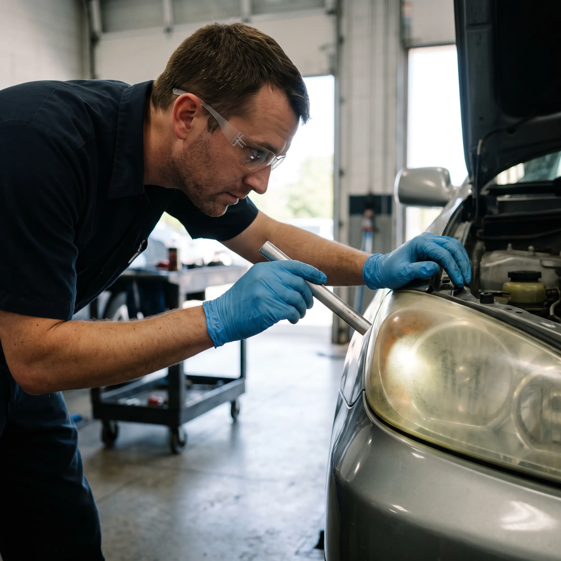 Technician examining a cloudy vehicle headlight during service