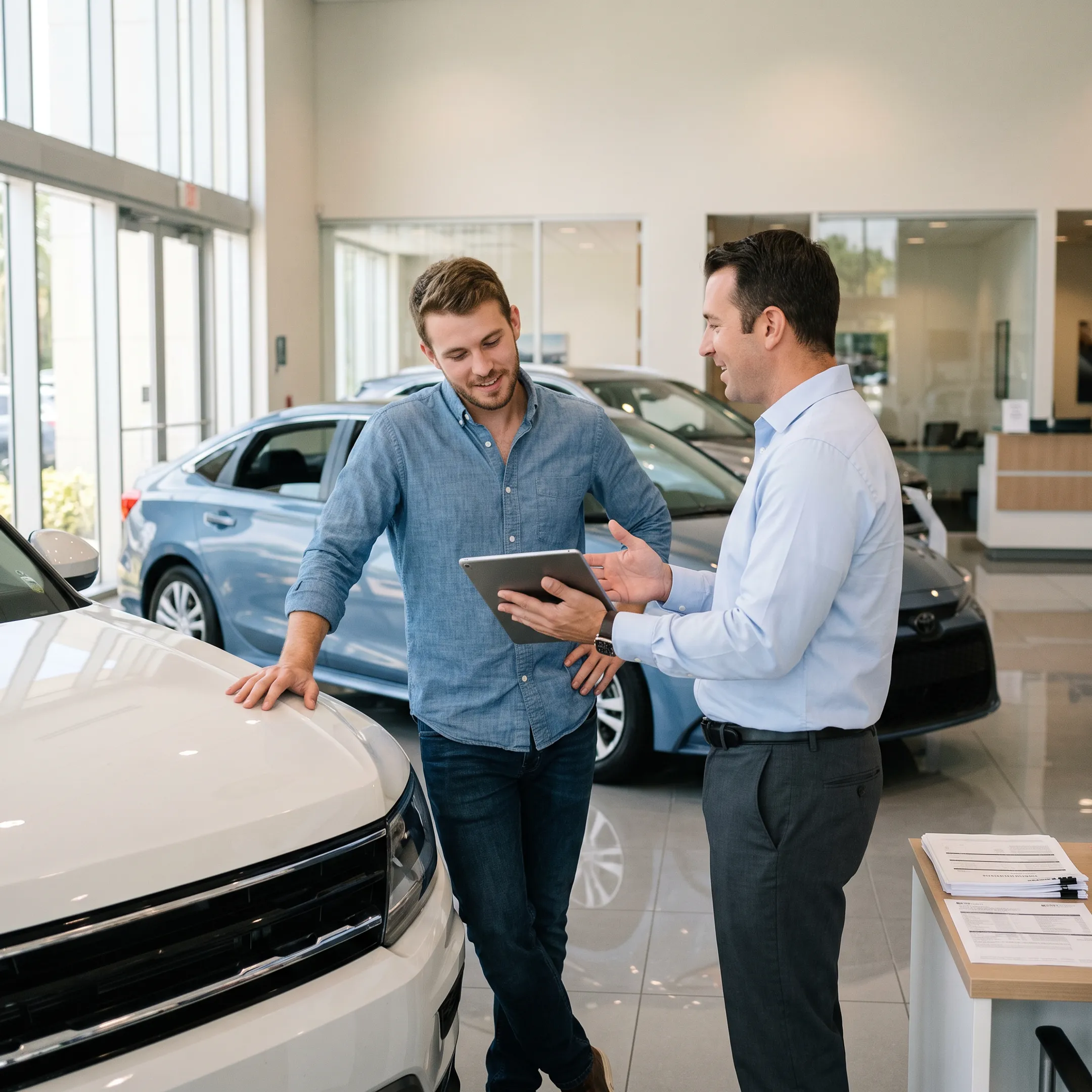 First-time buyer comparing Toyota vehicles with dealership specialist