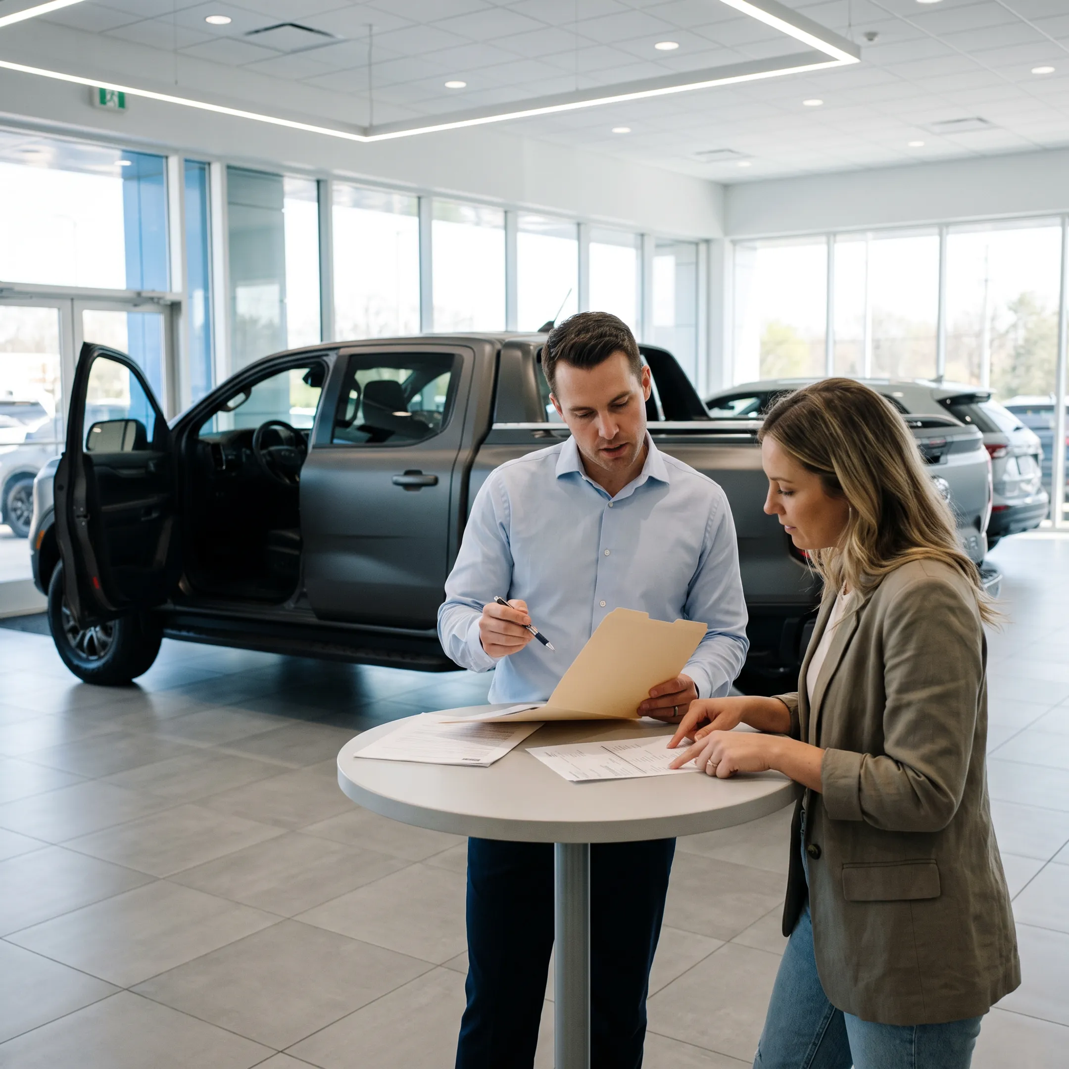 Customer discussing a Toyota Tundra lease with dealership finance specialist