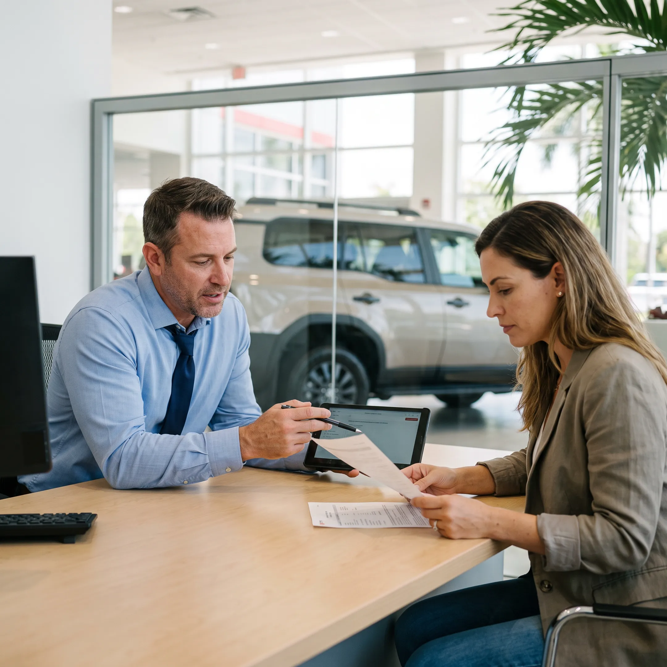Customer reviewing Toyota Land Cruiser lease figures with a finance advisor