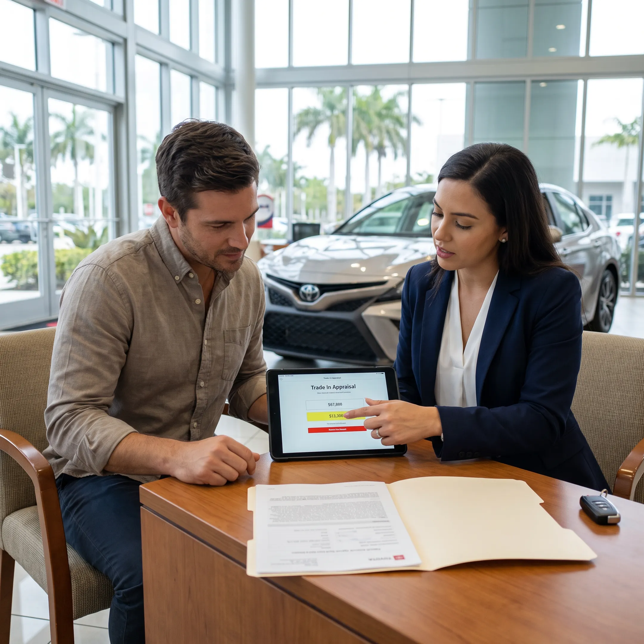 Customer discussing a vehicle trade-in appraisal with a dealership representative