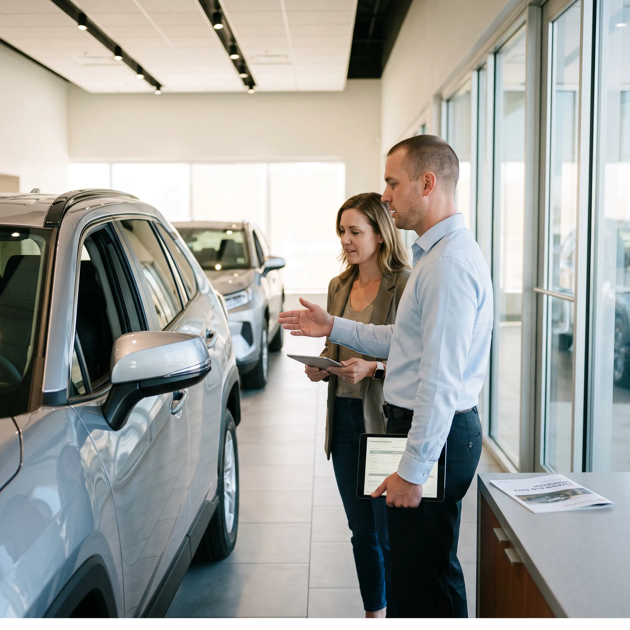 Customer discussing Toyota vehicle options with dealership consultant
