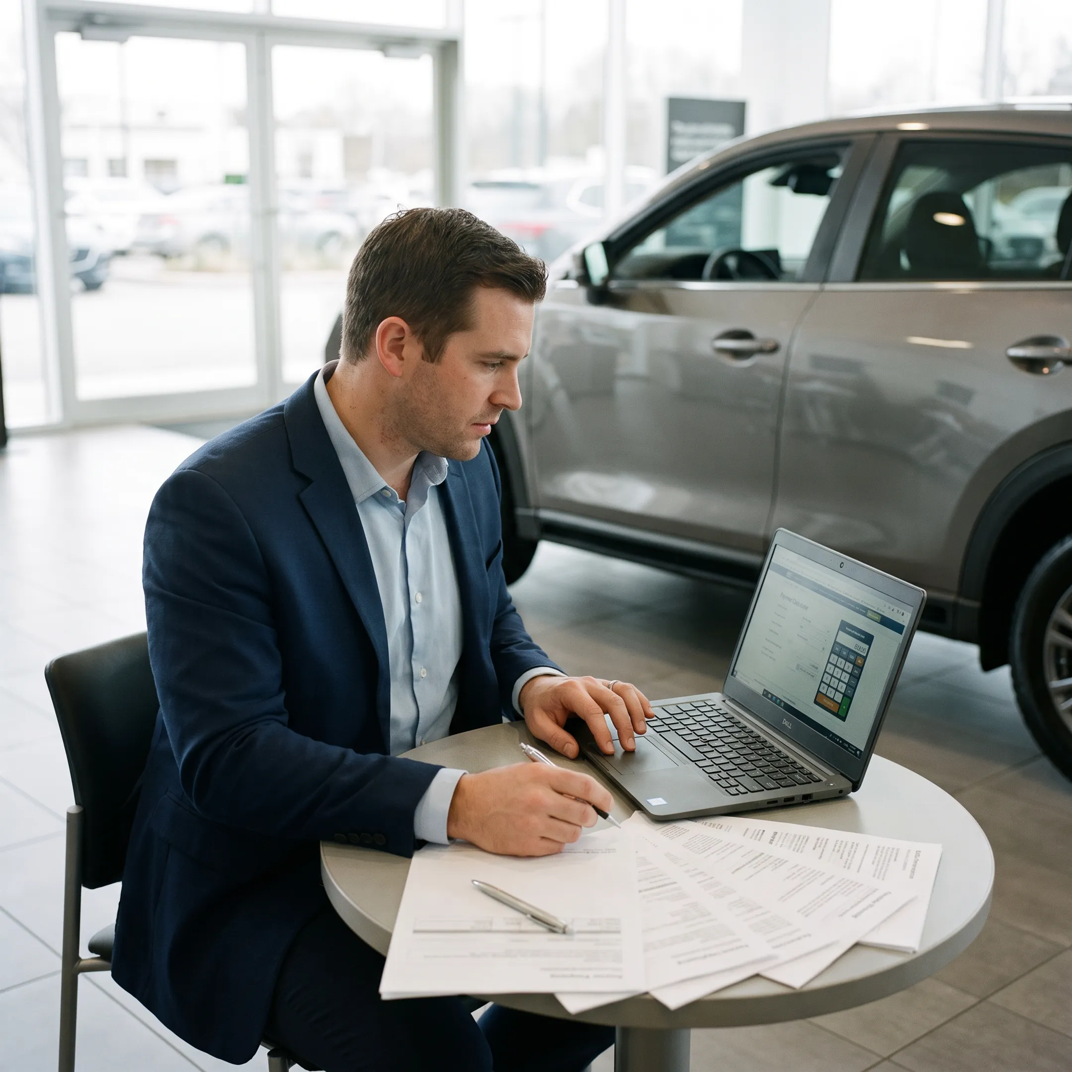 Toyota shopper using a payment calculator beside a vehicle