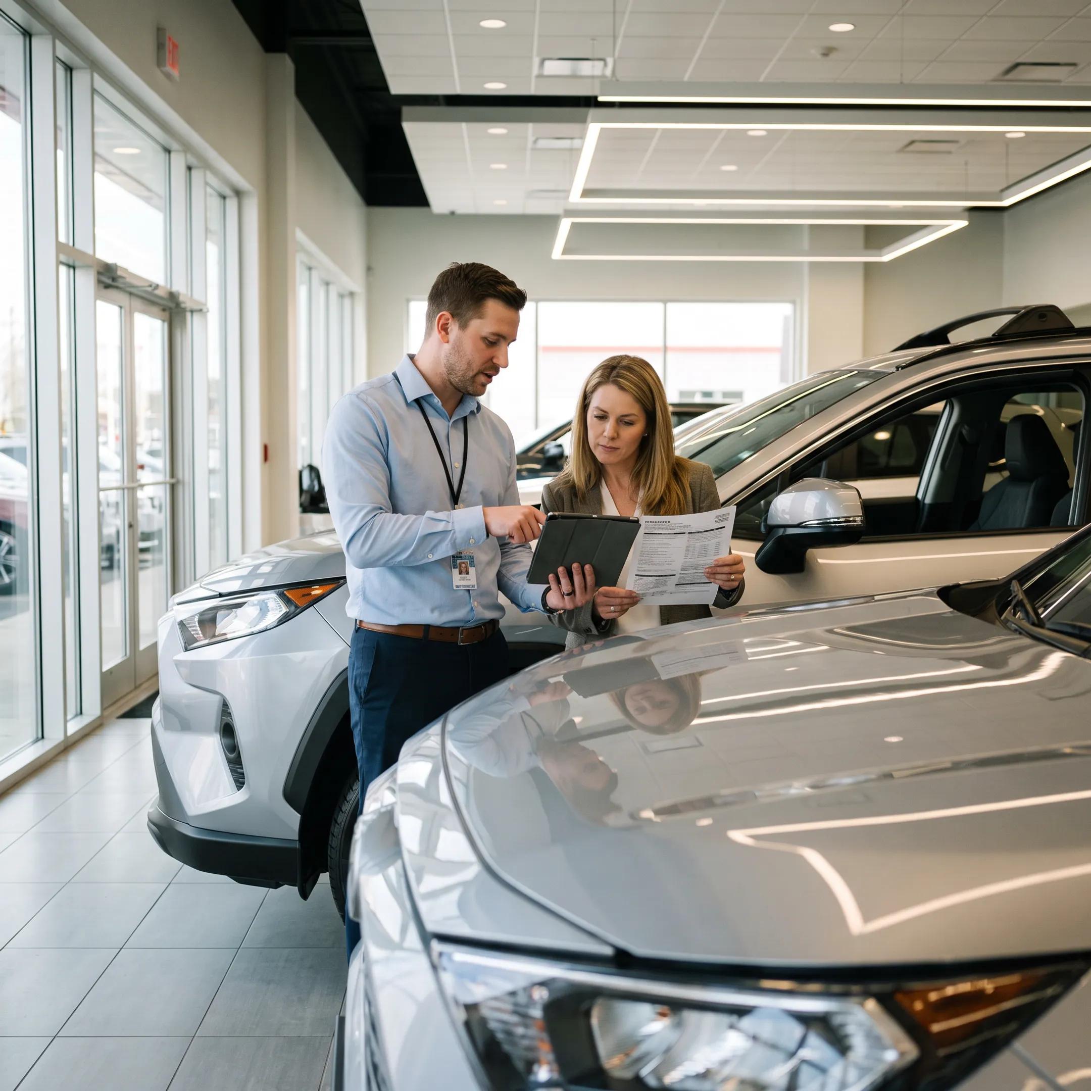 Customer reviewing Toyota financing and special offers with dealership representative