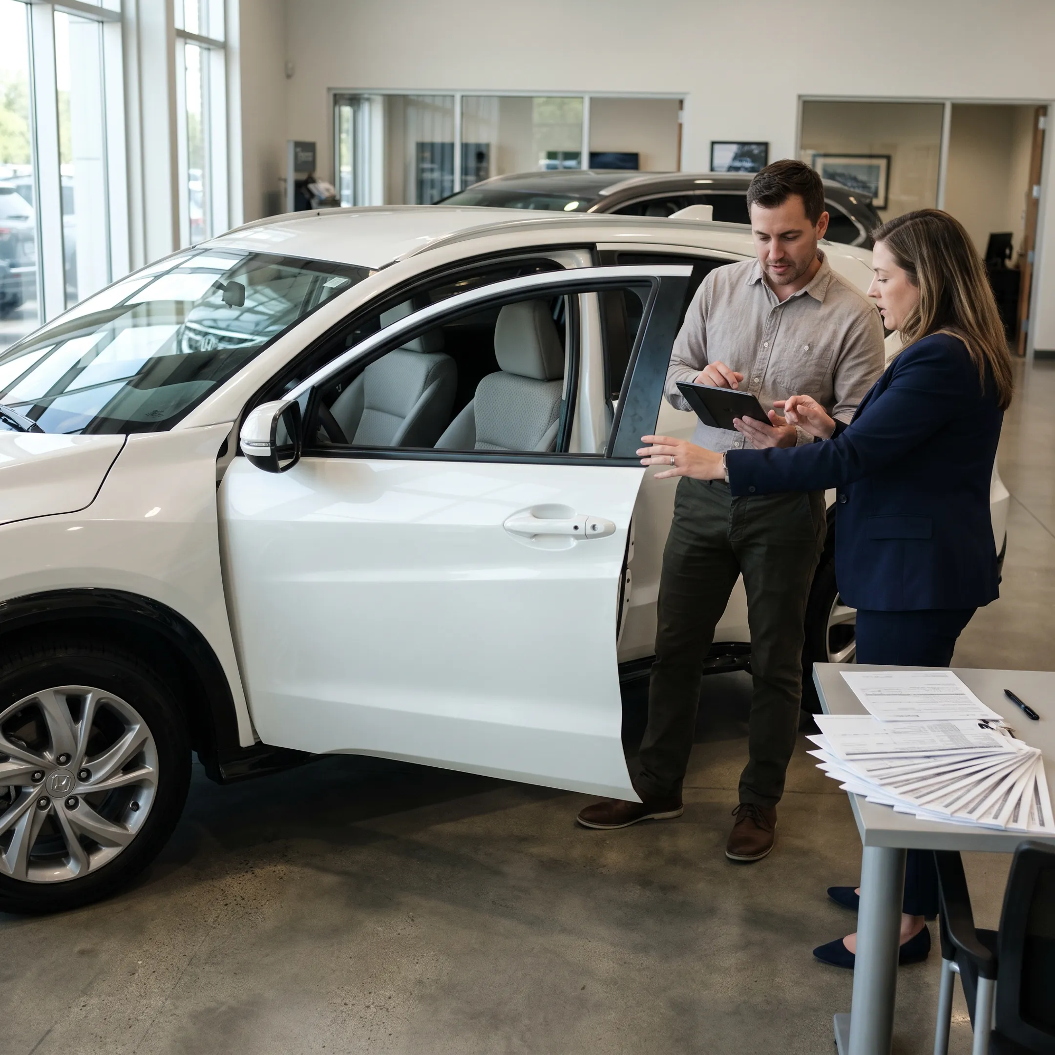 Customer discussing a new Toyota Corolla Cross purchase with a dealership specialist