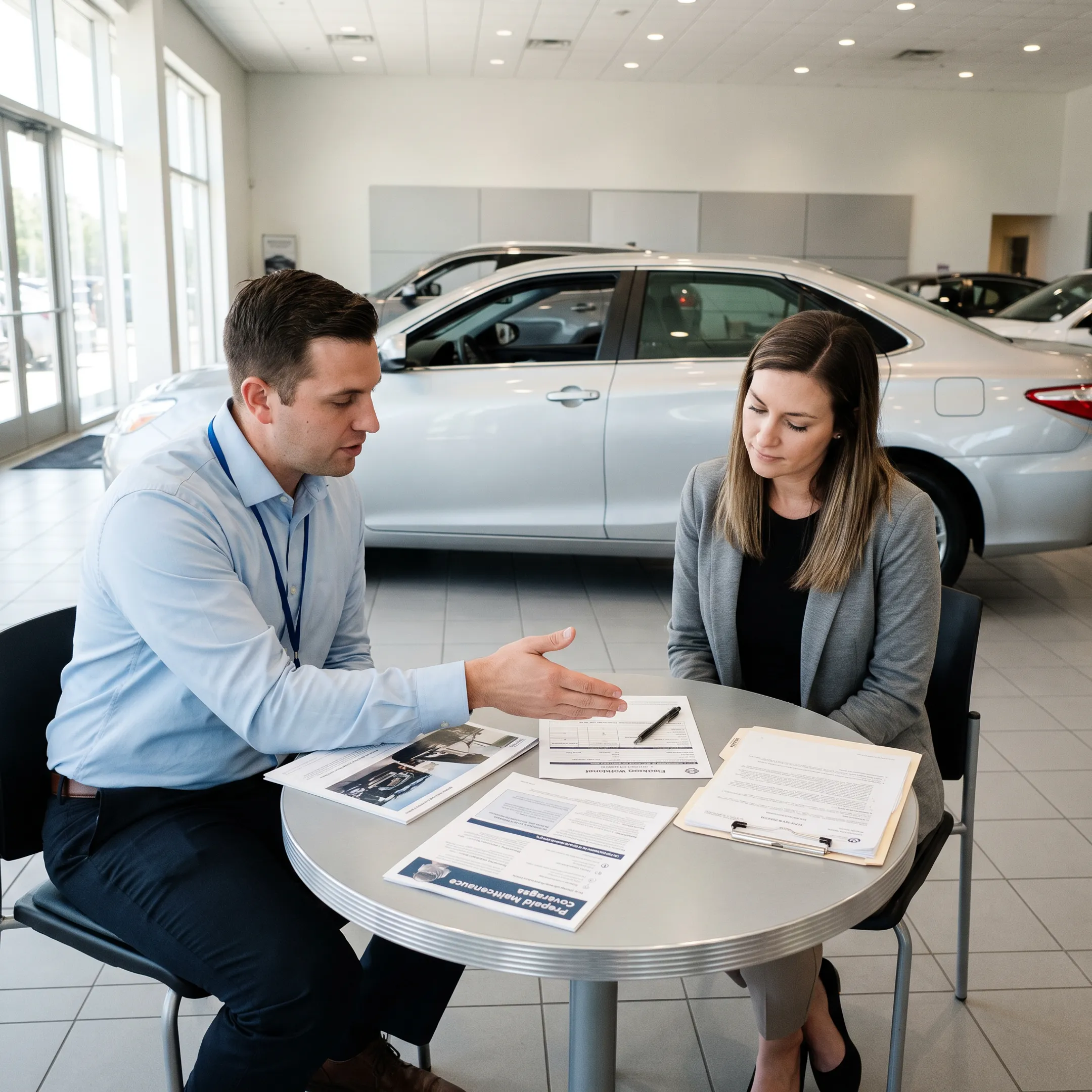 Customer reviewing ToyotaCare and financing options with dealership advisor