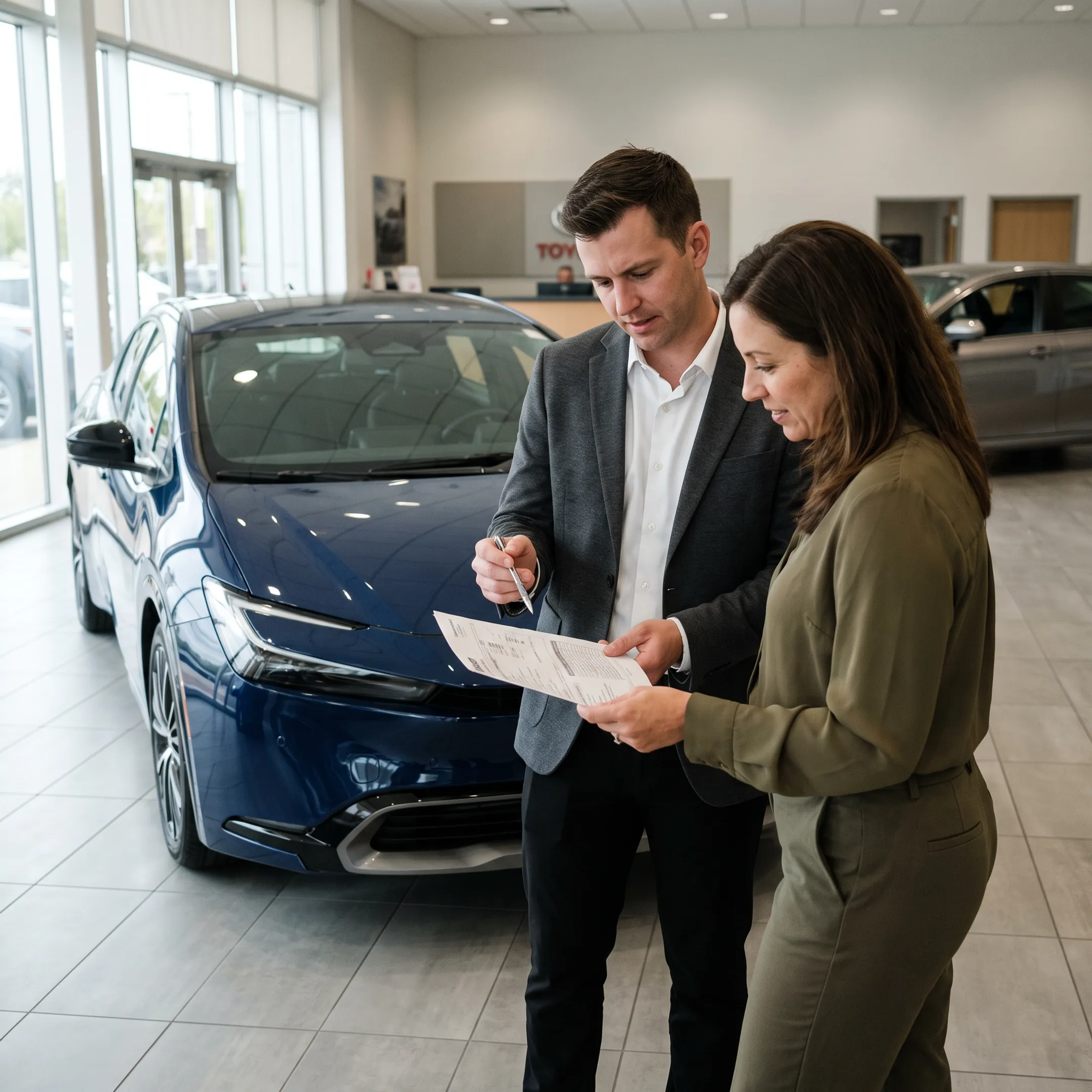 Customer discussing Toyota hybrid lease options with dealership consultant