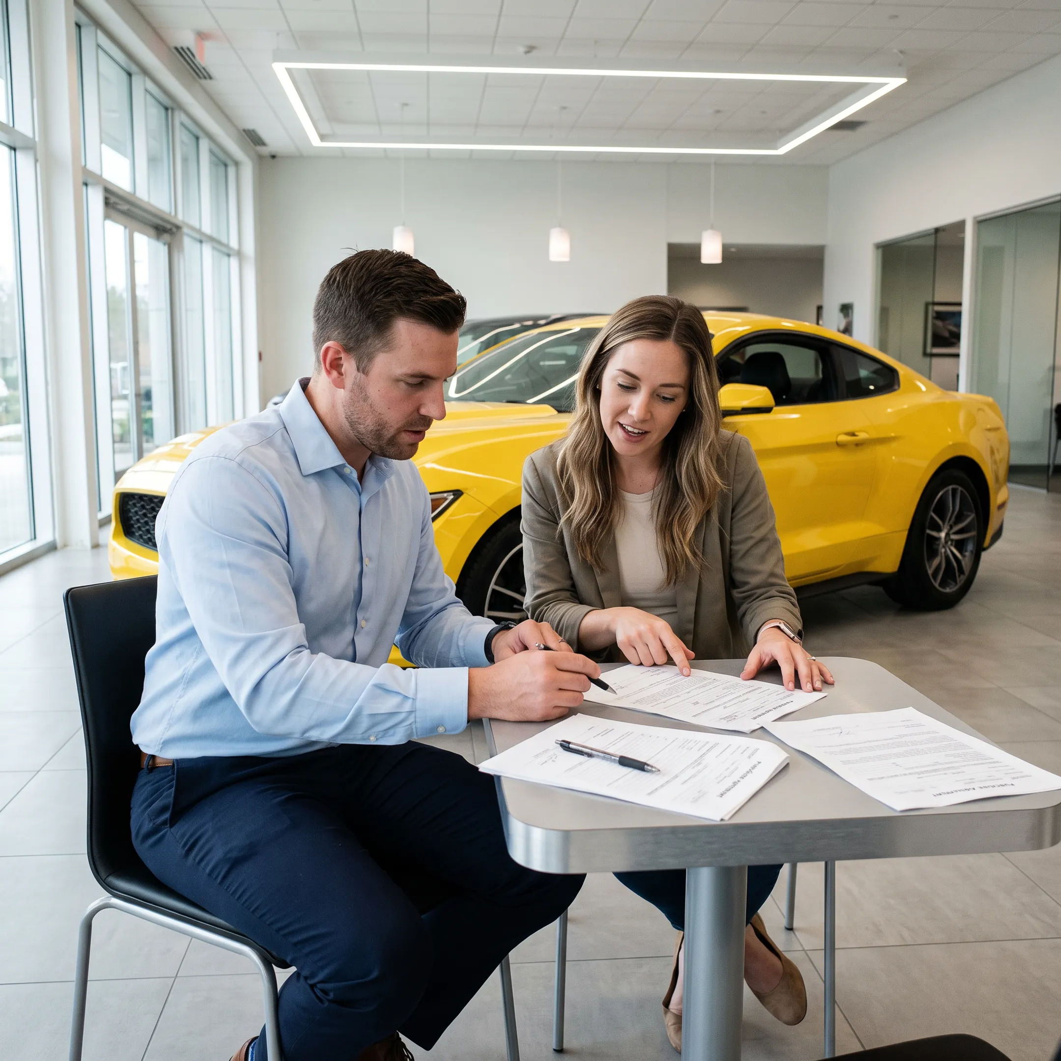 Customer reviewing Toyota GR Supra financing options with dealership advisor